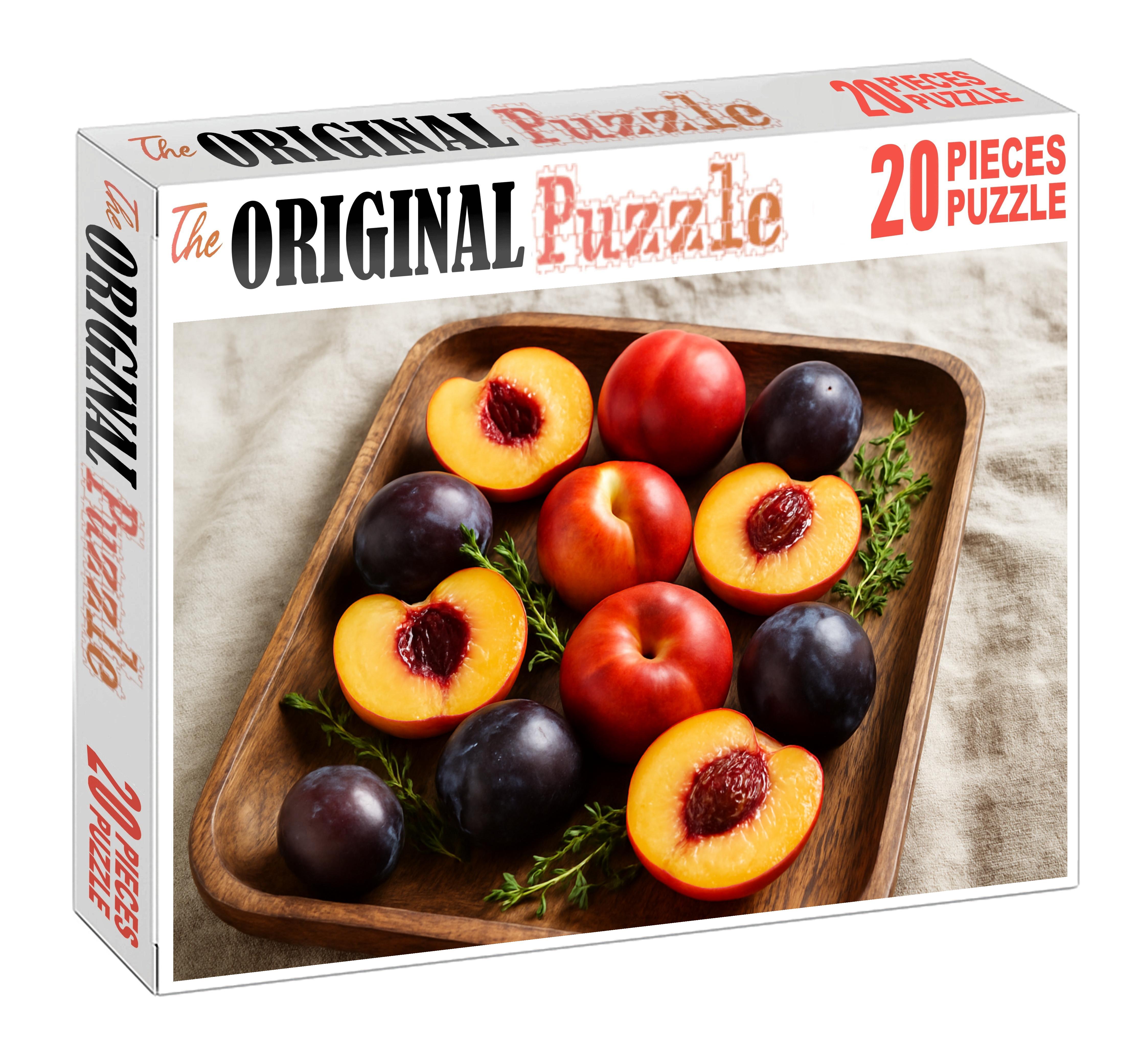Sunlit Orchard Elegance Mixed Stone Fruits In Handcrafted Wooden Tray Mini Puzzle