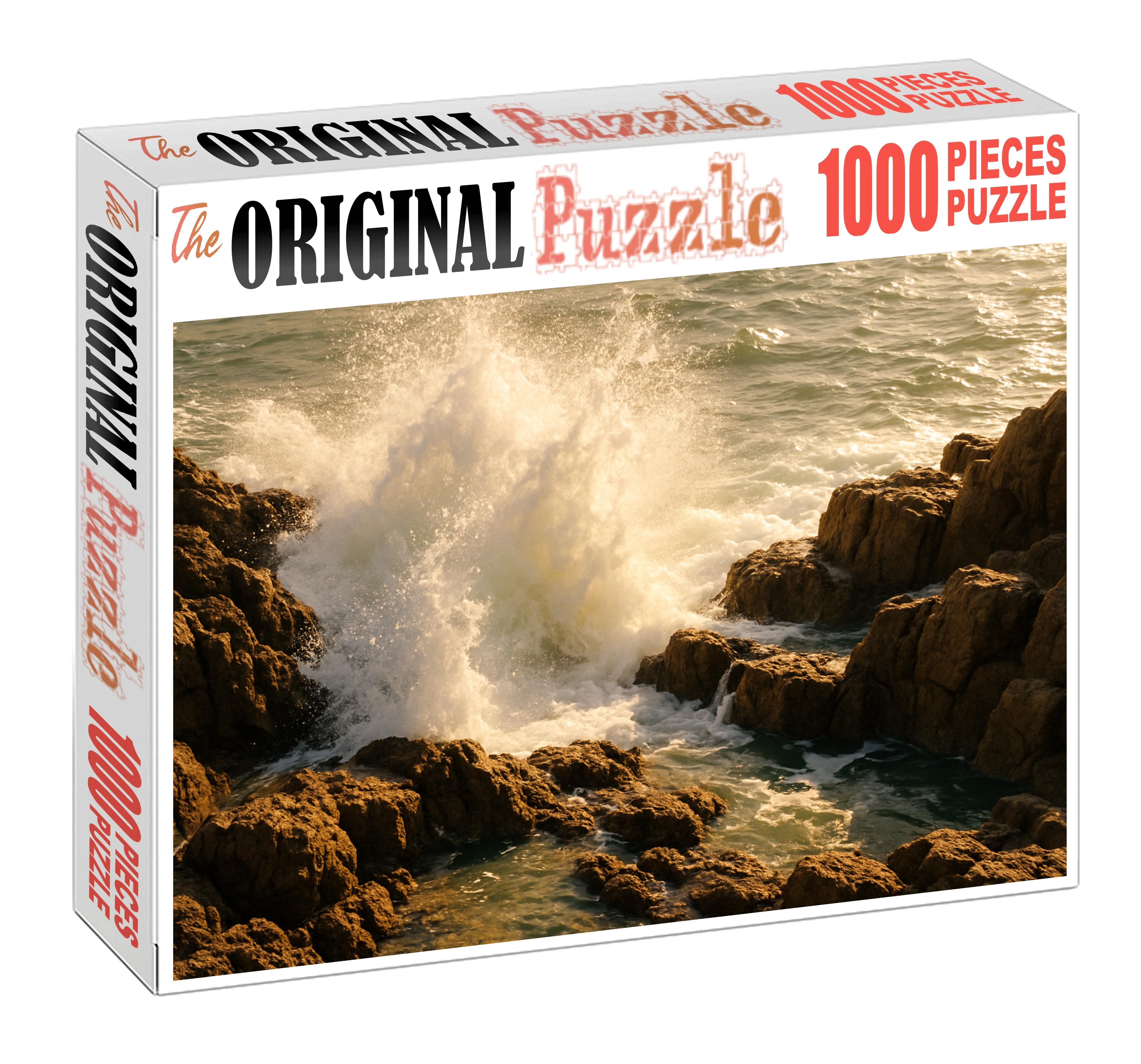 Silver Spray Shoreline Crashing Waves Over Jagged Rocky Ledges 50 Piece Puzzle