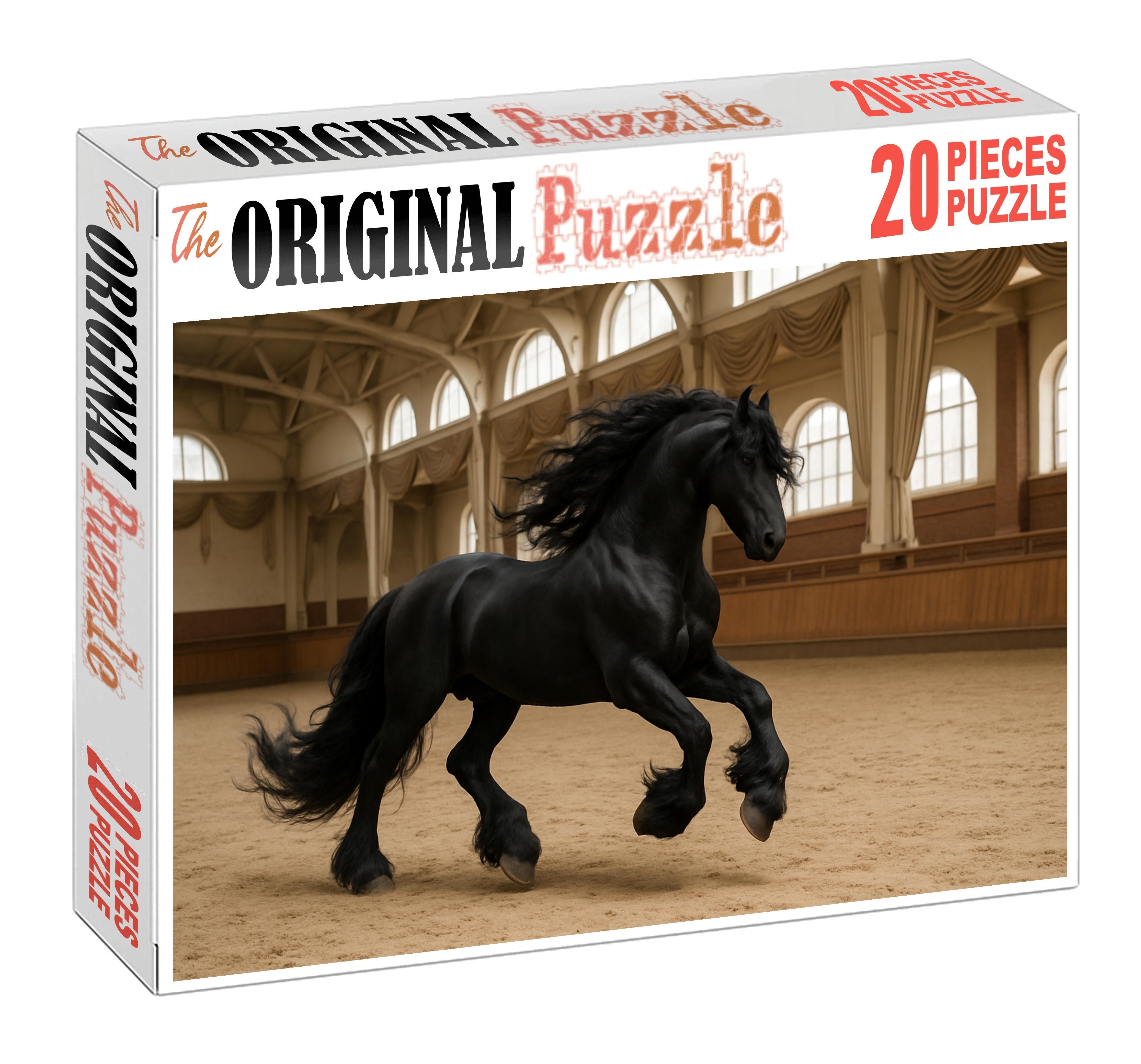 Ebony Breeze Friesian Majestic Black Stallion With Flowing Feathers Large Format Puzzle