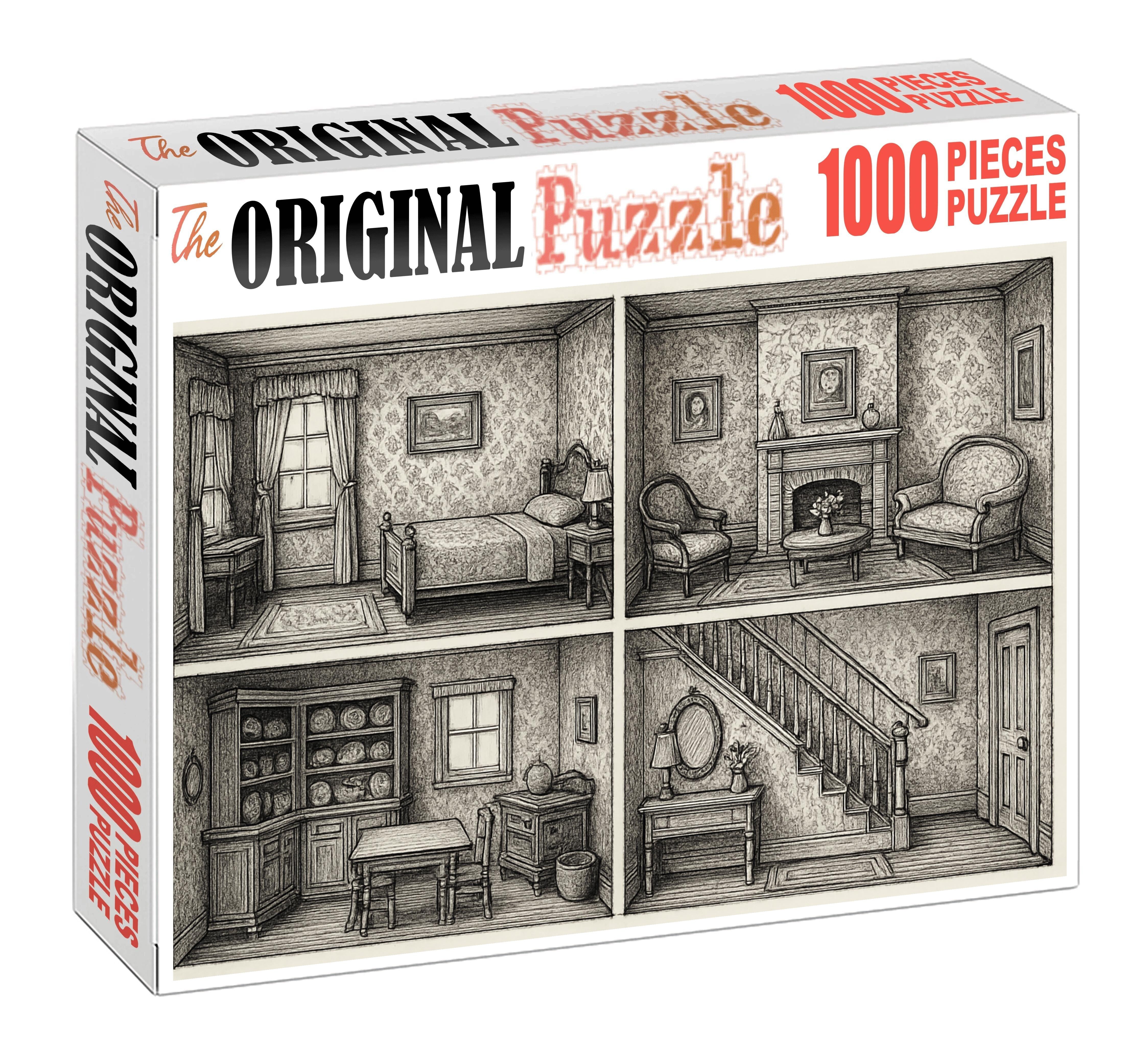 Victorian Dollhouse Interior Pen And Ink Architectural Sketch With Ornate Detail Puzzle Collection