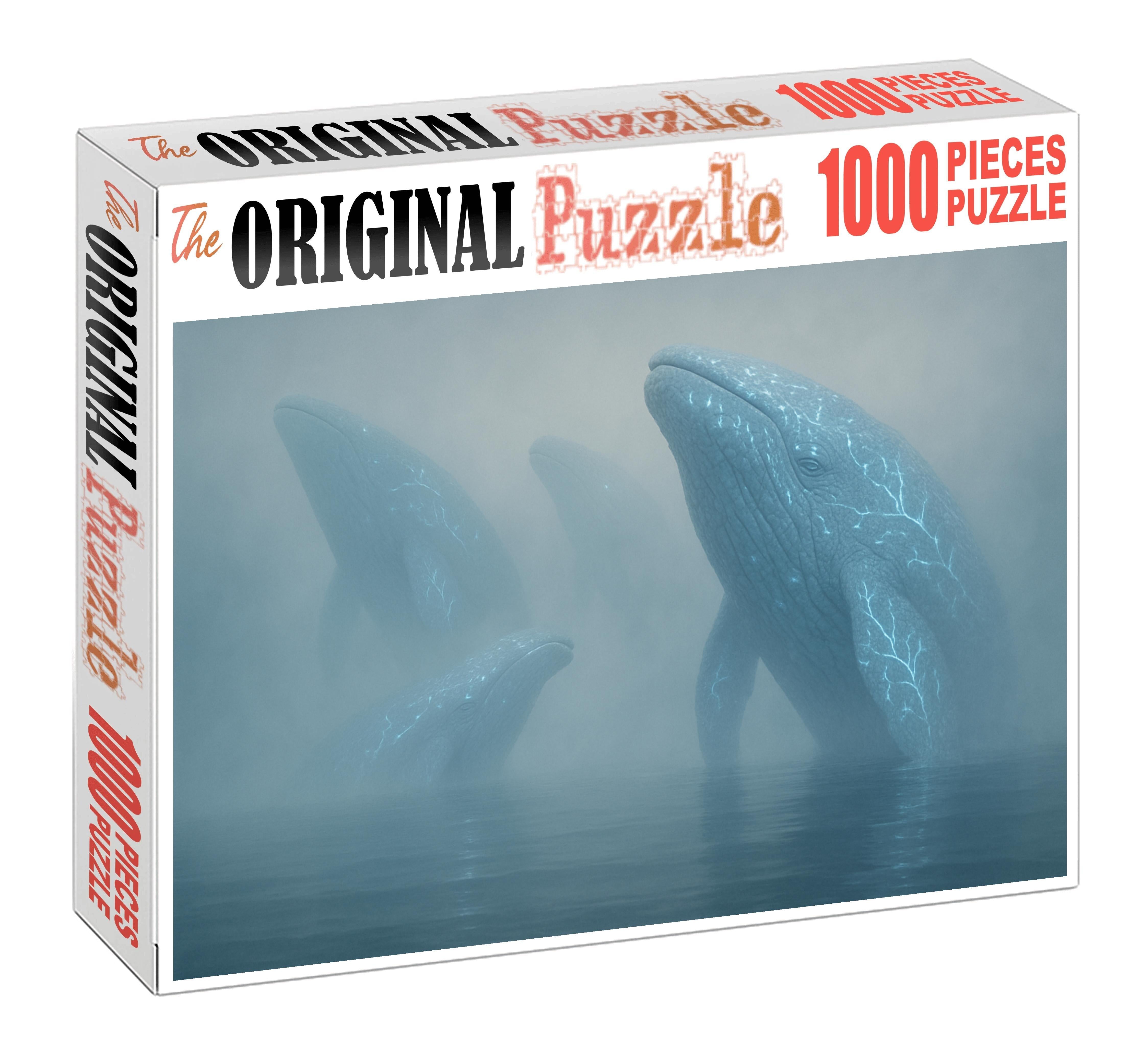 The Oceans Breath Gigantic Coral Whales Surfacing Through Mist Custom Jigsaw Puzzle