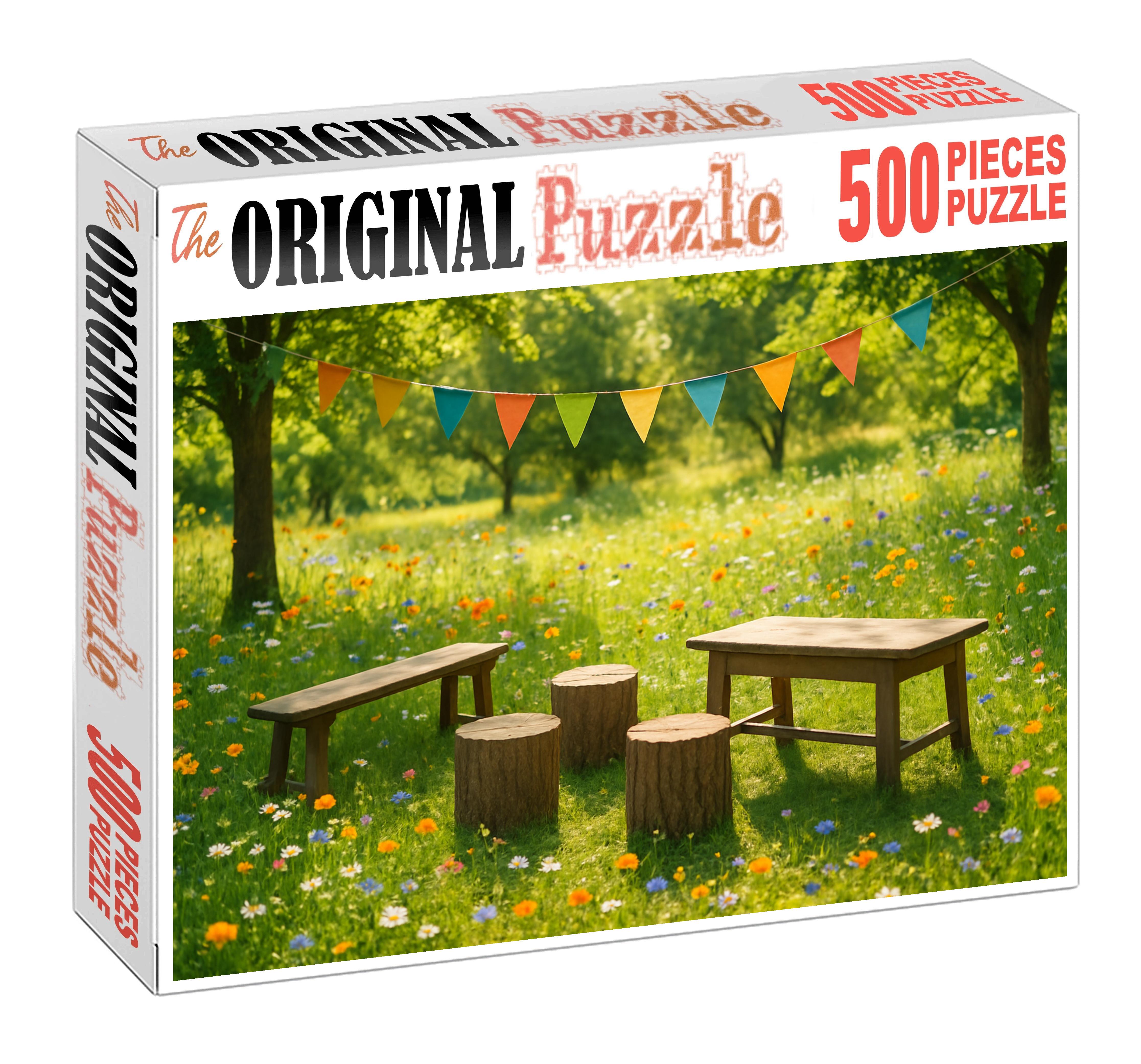 Vibrant Spring Meadow Gathering Wildflowers And Colorful Bunting 100 Piece Puzzle