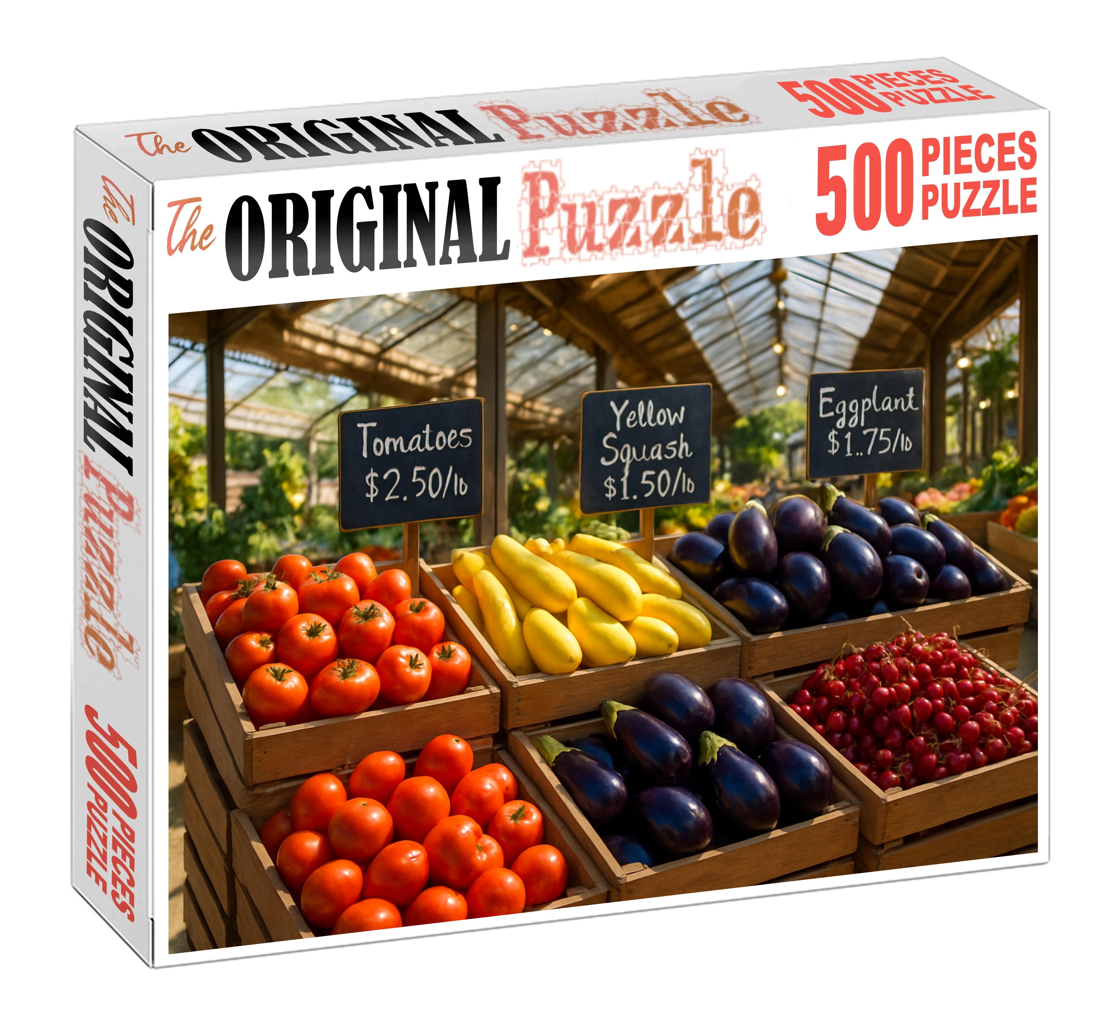 Sunlit Farmers Market Aisle Rows Of Colorful Seasonal Produce In Wooden Crates 20 Piece Puzzle