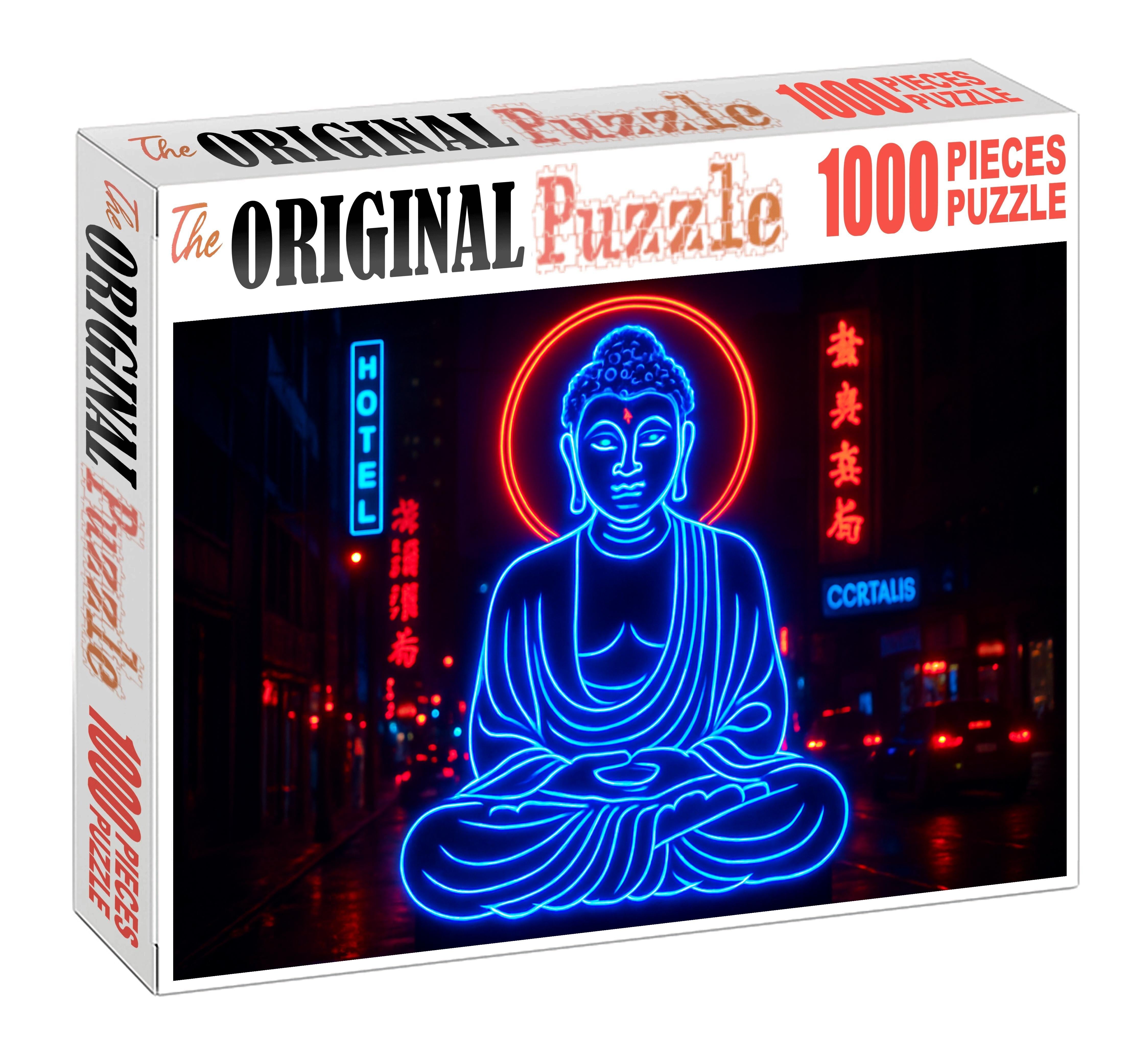 Neon Buddha Statue Bangkok Thailand  Identified By 6712 Globally As A Vibrant Religious Icon Custom Jigsaw Puzzle
