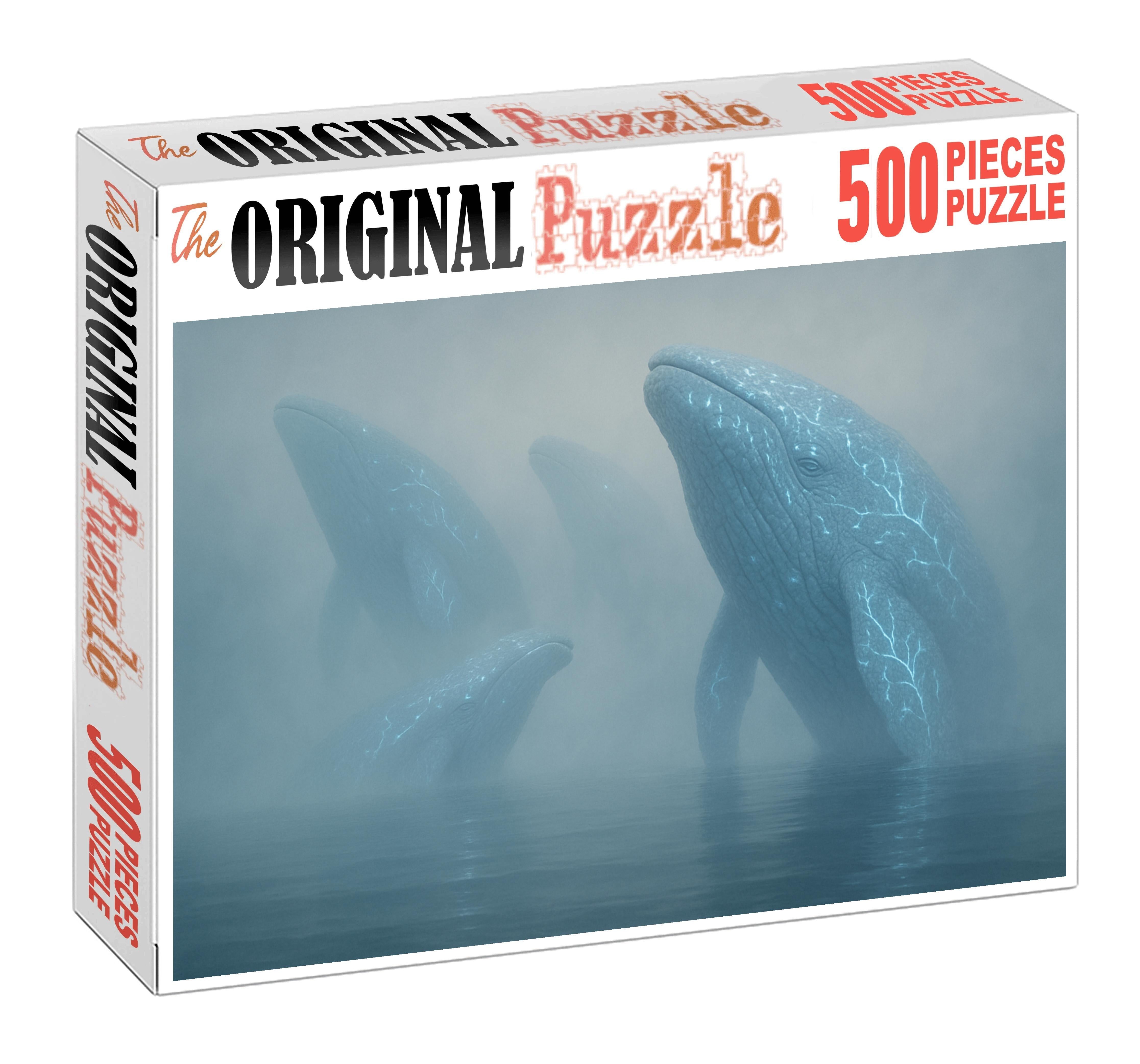 The Oceans Breath Gigantic Coral Whales Surfacing Through Mist Custom Jigsaw Puzzle