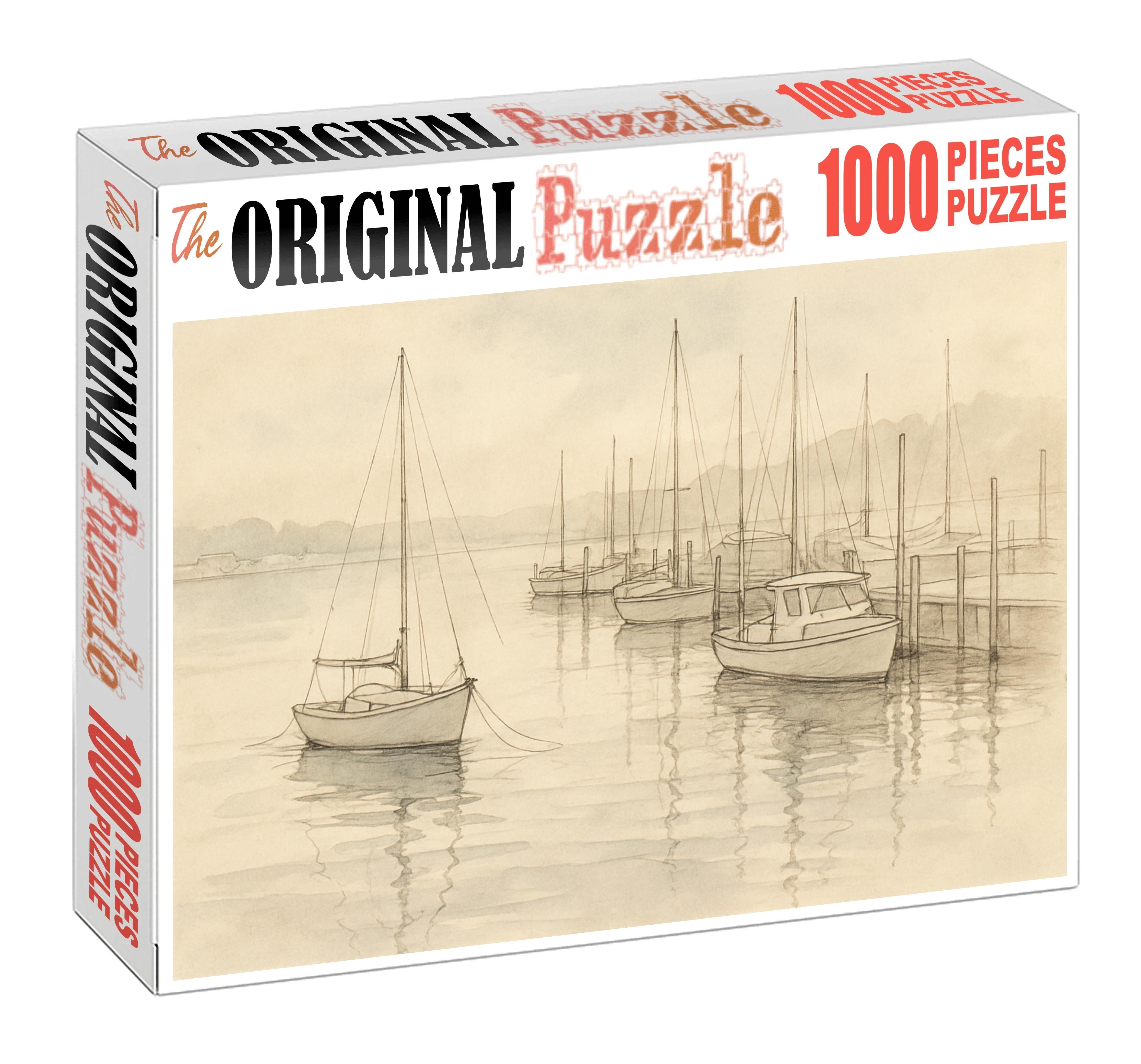 Silent Harbor Nocturne Ink Wash And Fine Line Dockside Scene Premium Puzzle Pieces