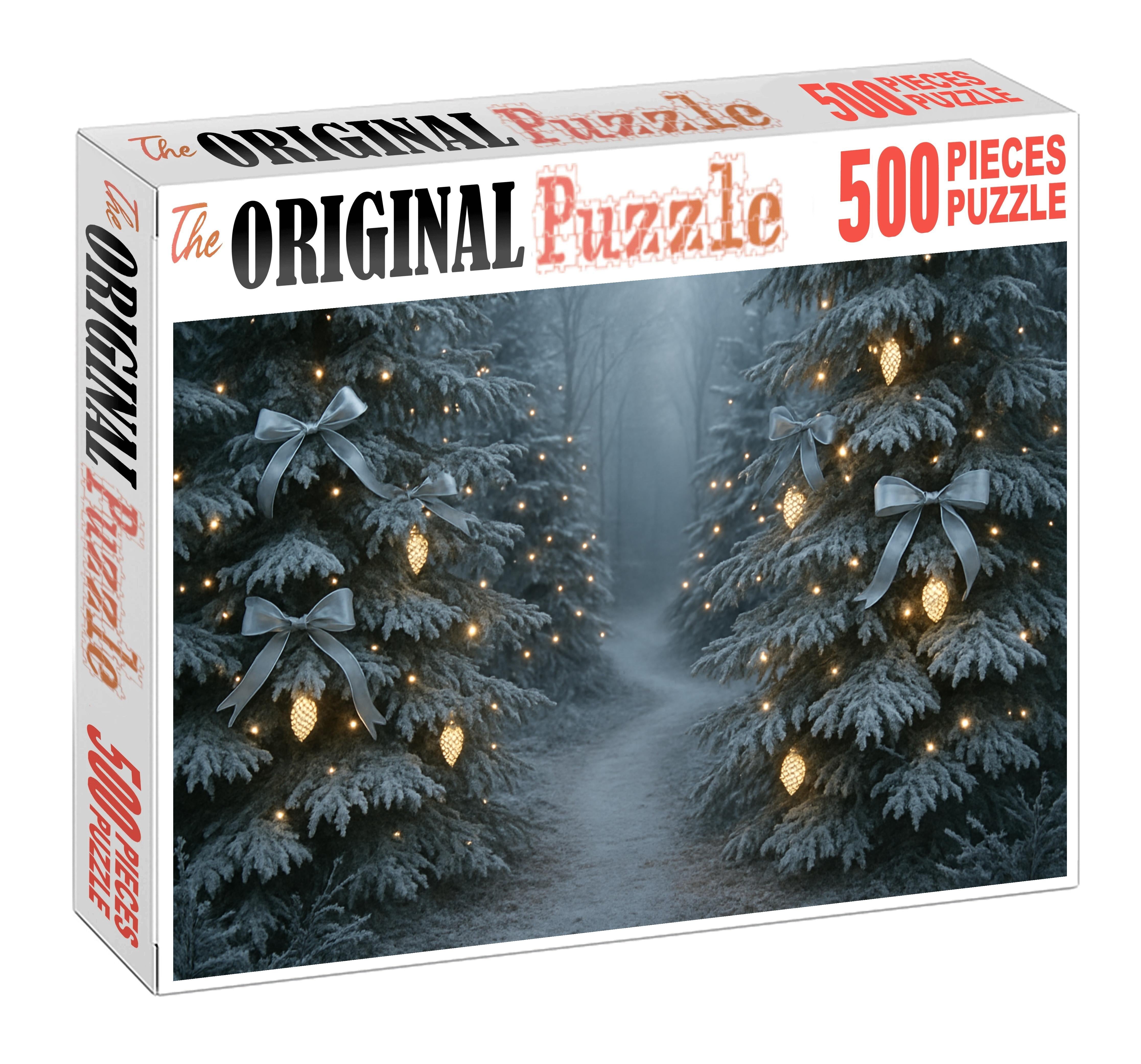 Frosted Evergreen Passage Glowing Pinecones And Silver Ribbons Puzzle Fun