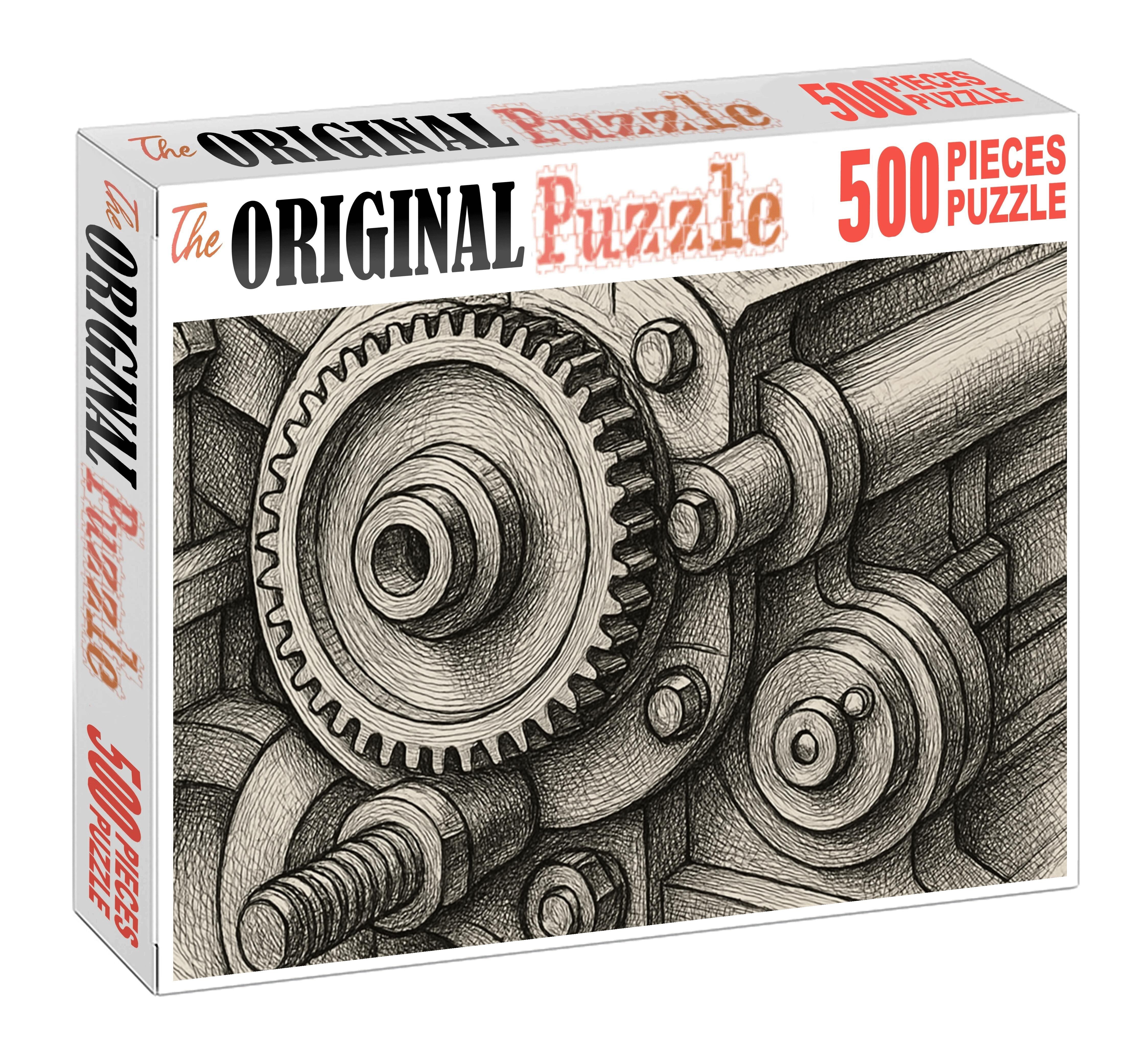 Industrial Machine Detail Precise Technical Pen Drawing With Crosshatch Large Format Puzzle