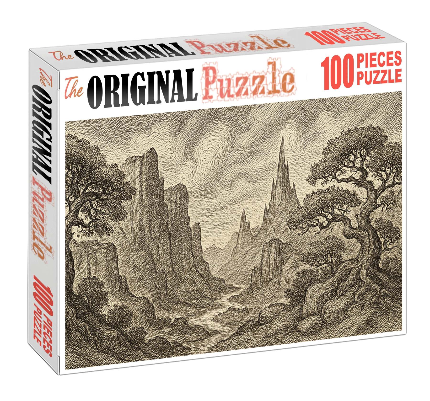 Mythical Landscape Panorama Pen And Ink With Detailed Textural Patterns Large Format Puzzle