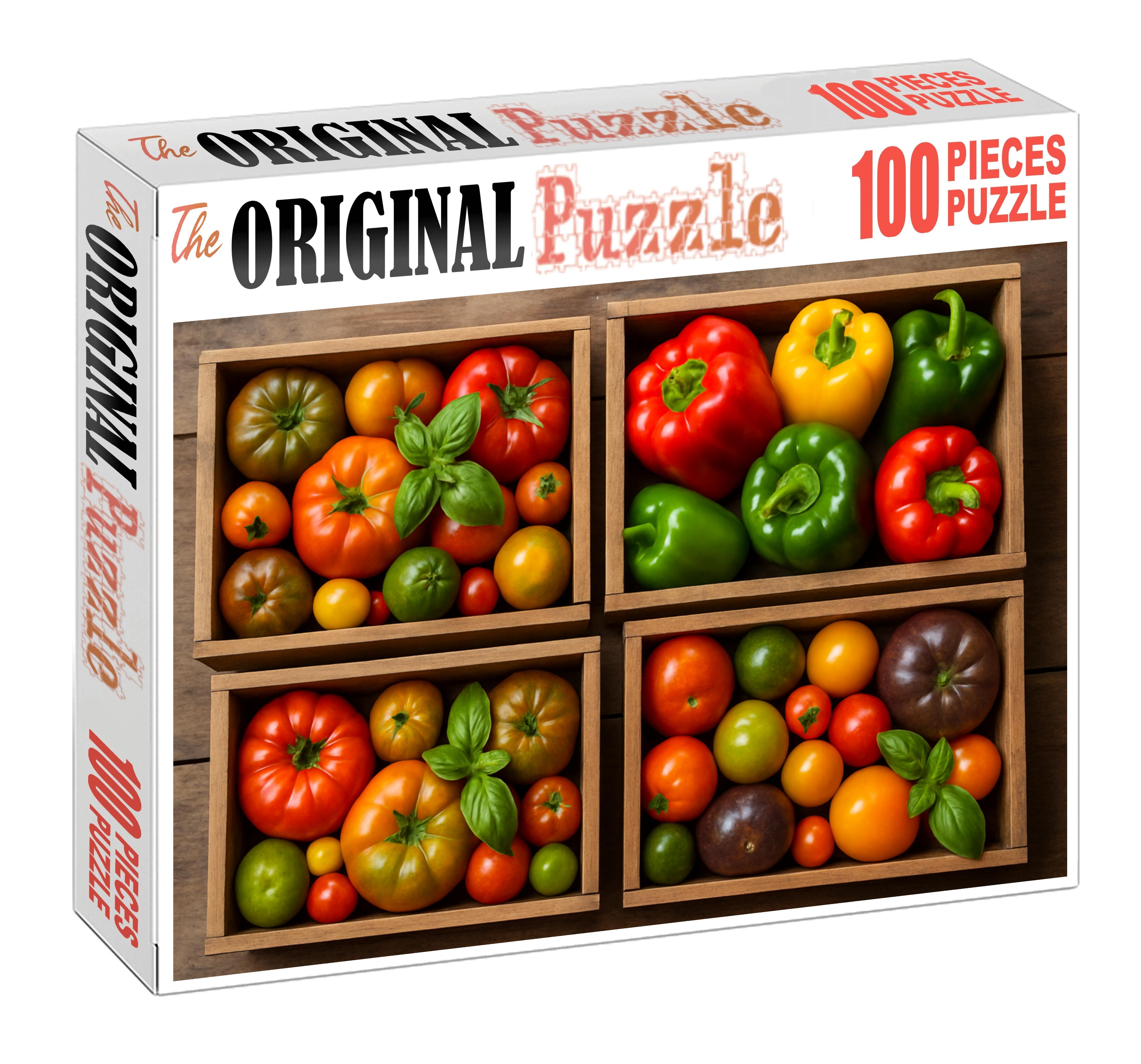 Farmers Market Frenzy Wooden Crates Brimming With Heirloom Tomatoes And Colorful Peppers Premium Puzzle Pieces