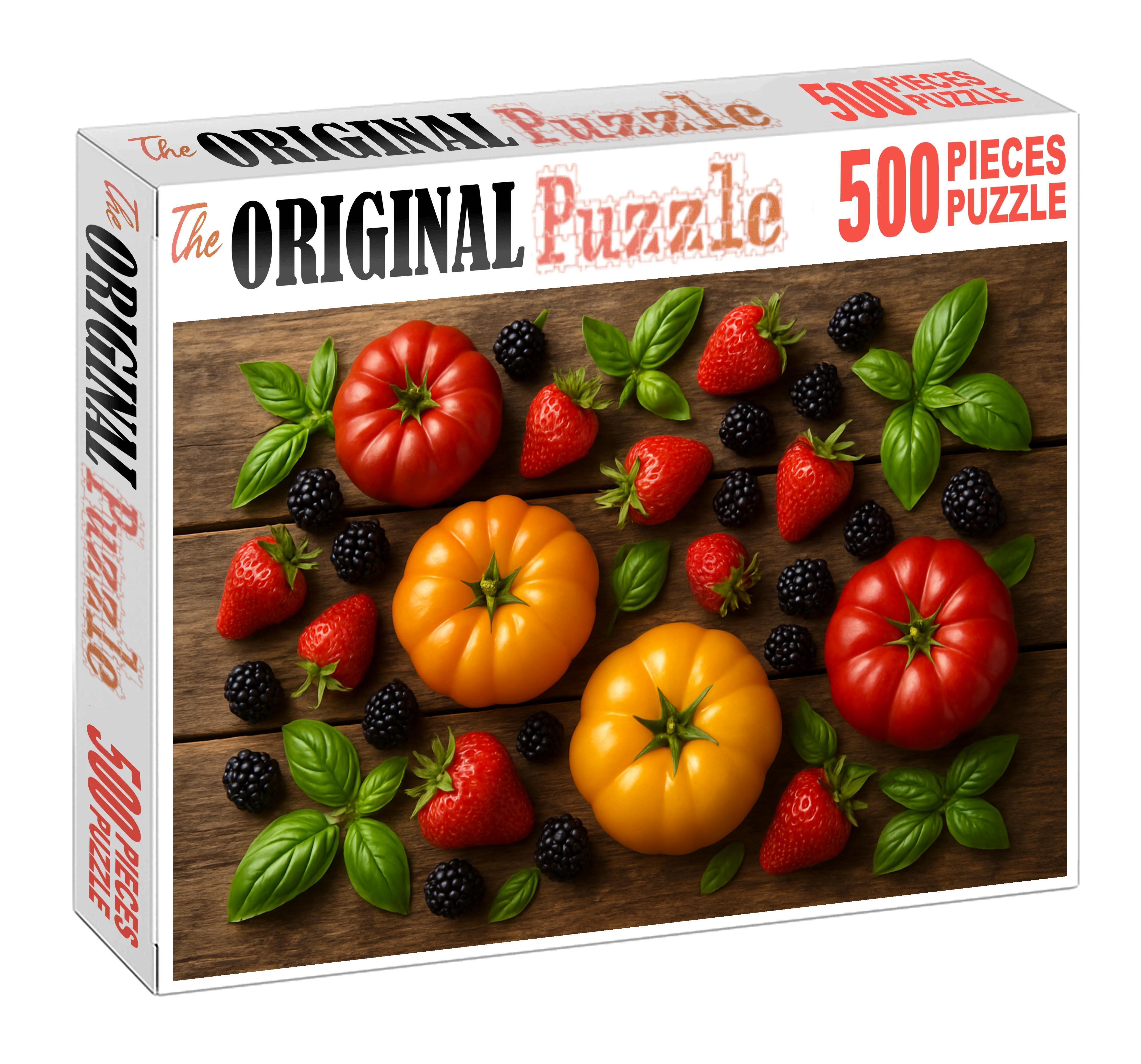 Garden Harmony Mixed Heirloom Tomatoes And Fresh Berries On Wooden Boards 20 Piece Puzzle