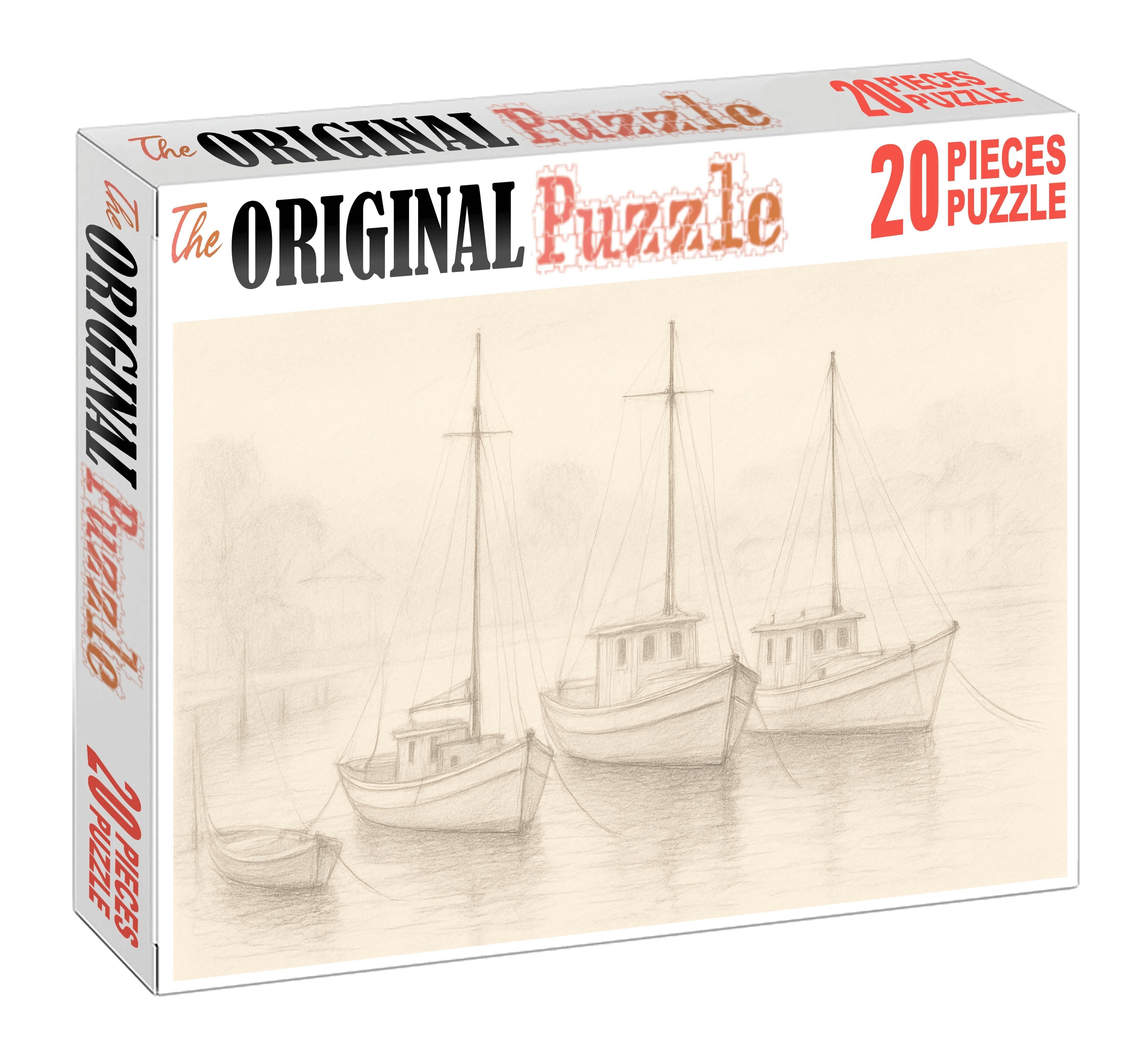 Quiet Harbor Scene Ink And Watercolor Pencil Blend With Light Texturing Large Format Puzzle