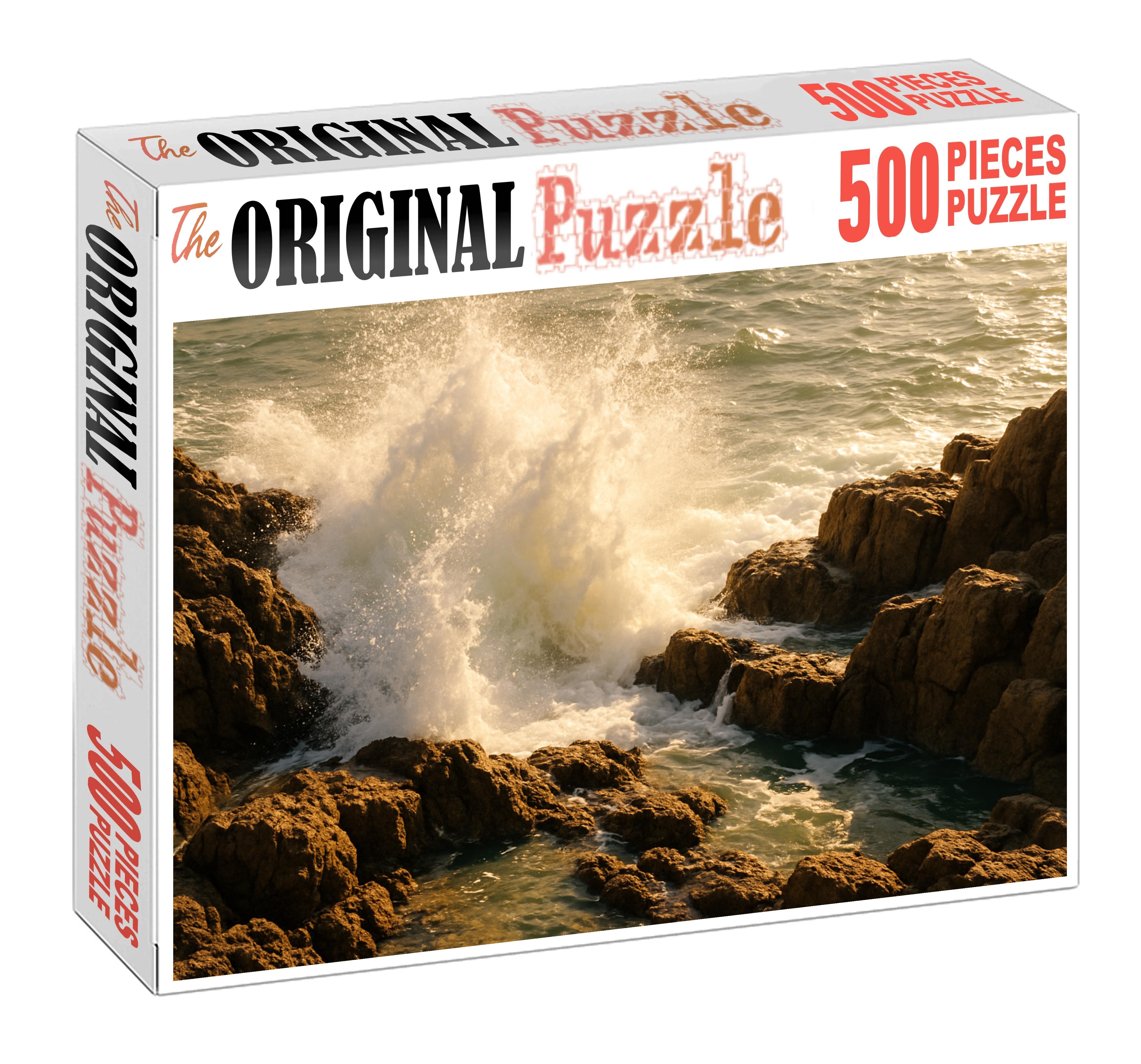 Silver Spray Shoreline Crashing Waves Over Jagged Rocky Ledges 50 Piece Puzzle