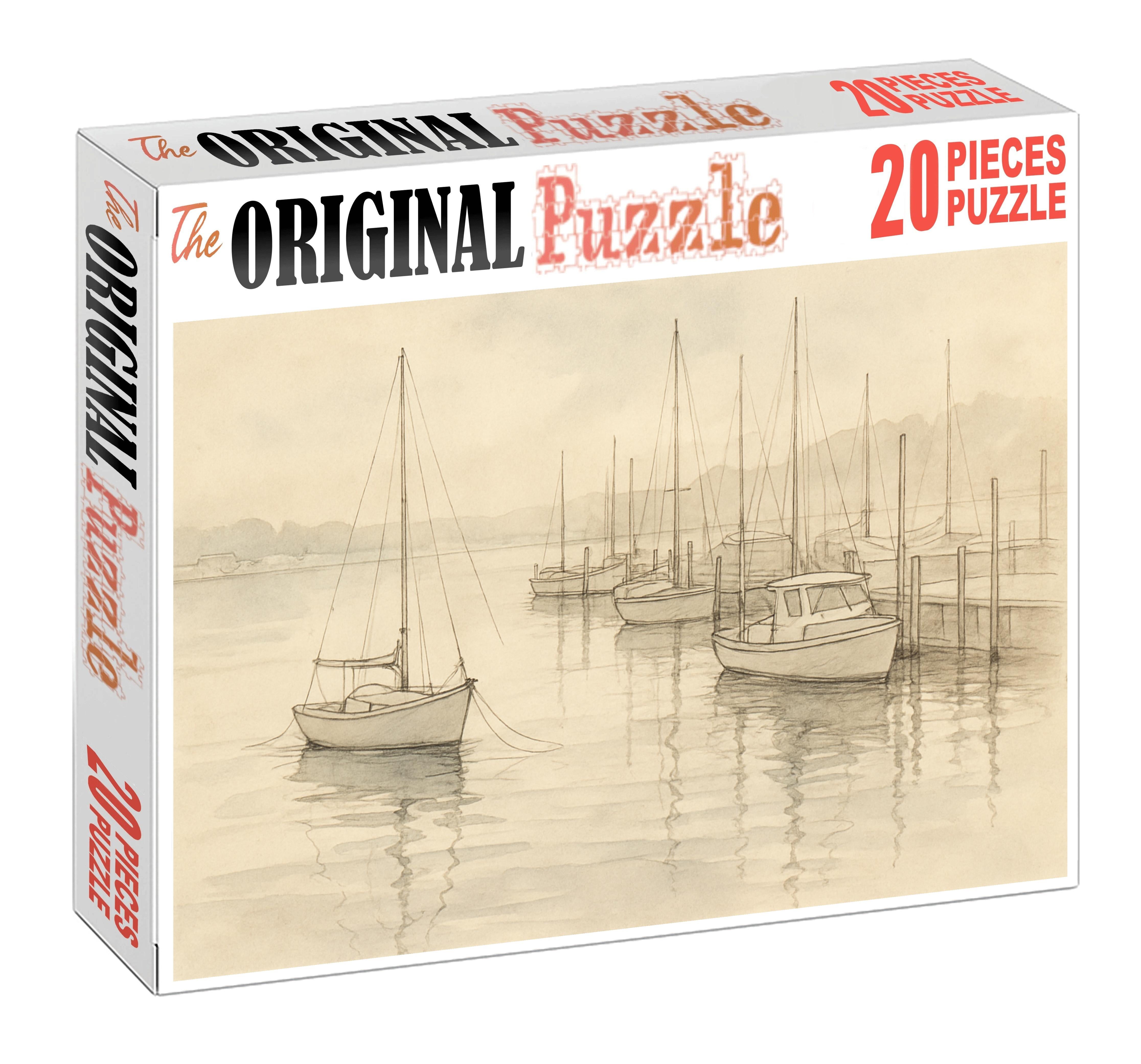 Silent Harbor Nocturne Ink Wash And Fine Line Dockside Scene Premium Puzzle Pieces