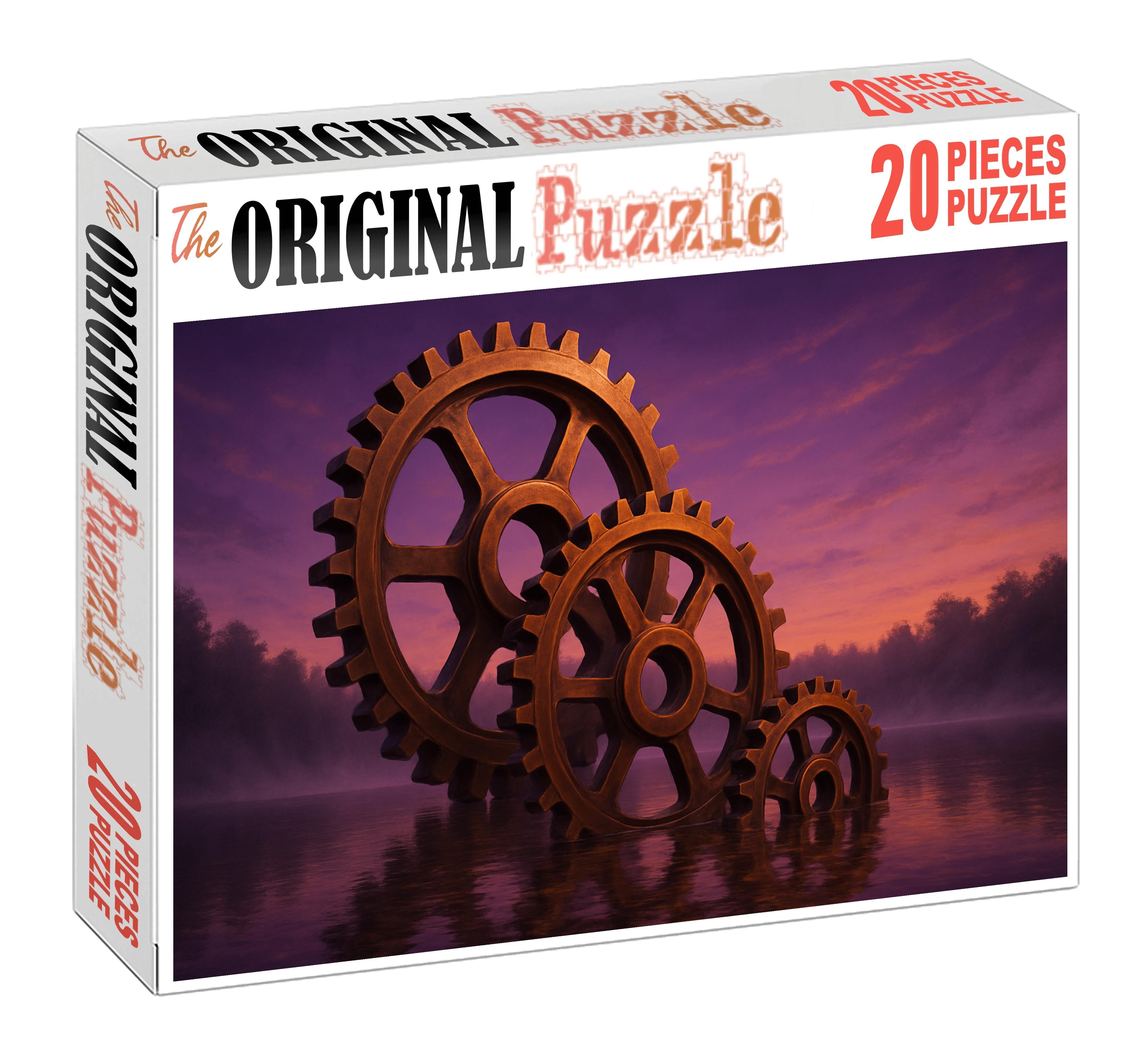 Clockwork Serenade Giant Gears Embracing A Twilight Lake Unique Puzzle Design