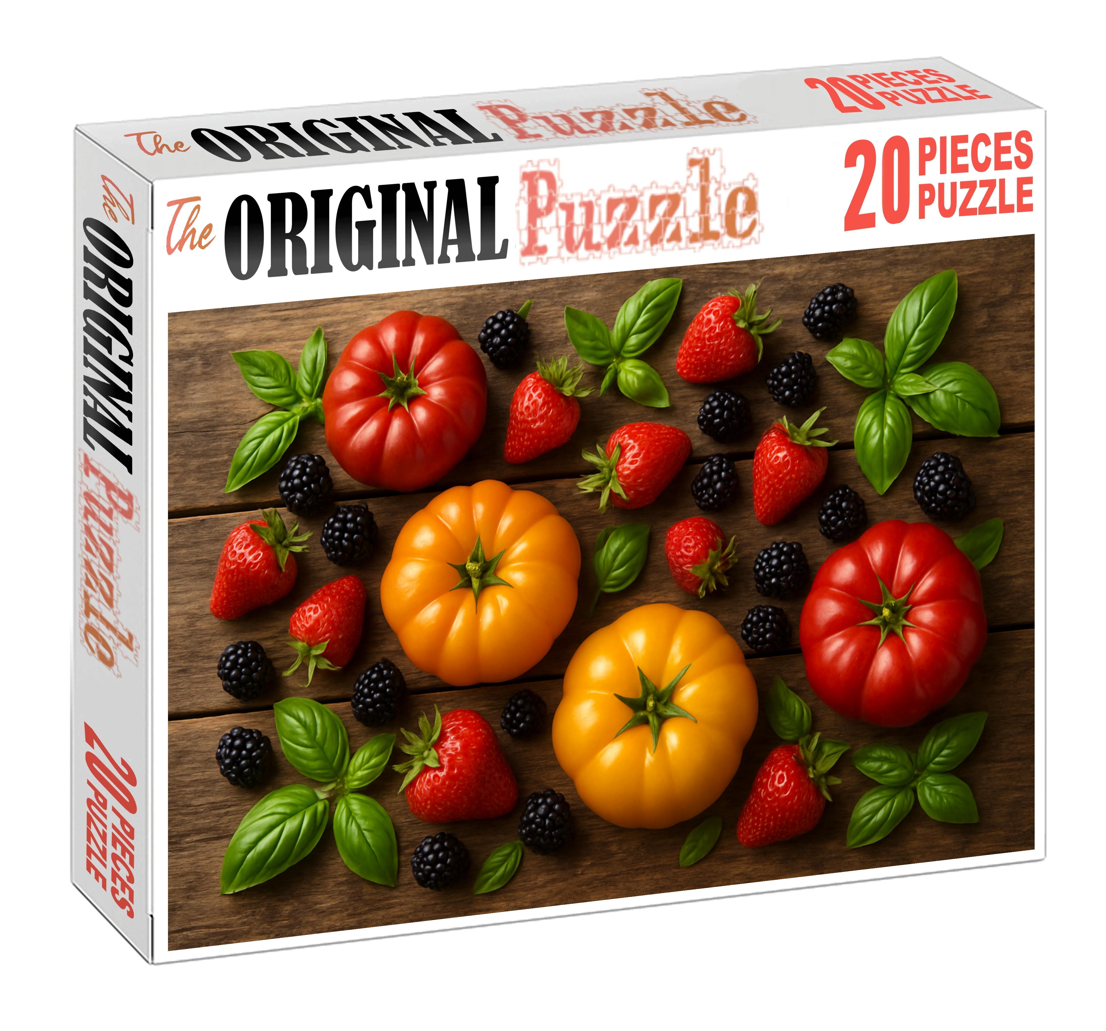Garden Harmony Mixed Heirloom Tomatoes And Fresh Berries On Wooden Boards 20 Piece Puzzle