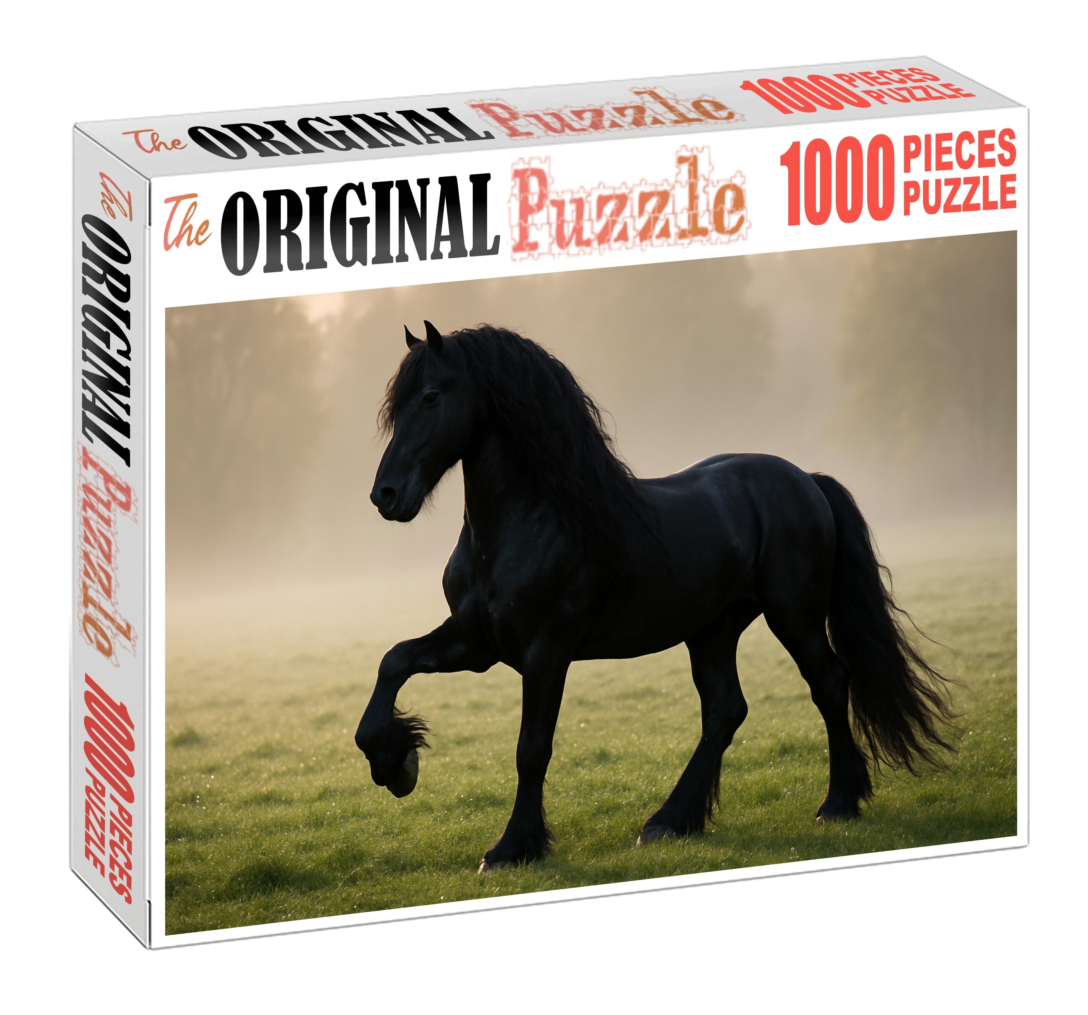 Shadowbrook Nightfall Sleek Black Friesian Stallion With Majestic Presence 200 Piece Puzzle
