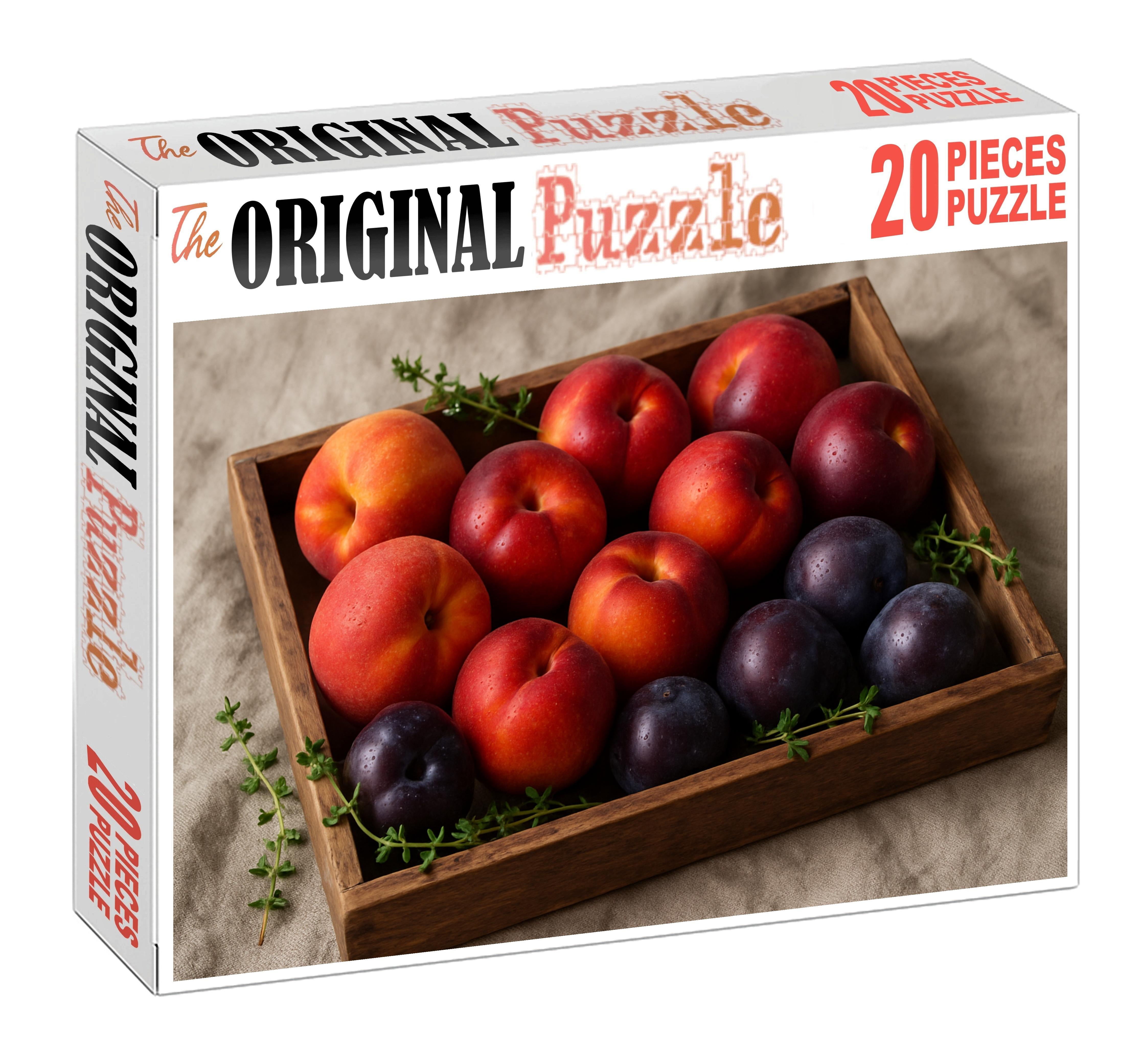 Sunset Orchard Elegance Peaches Plums And Nectarines In A Rustic Display 20 Piece Puzzle