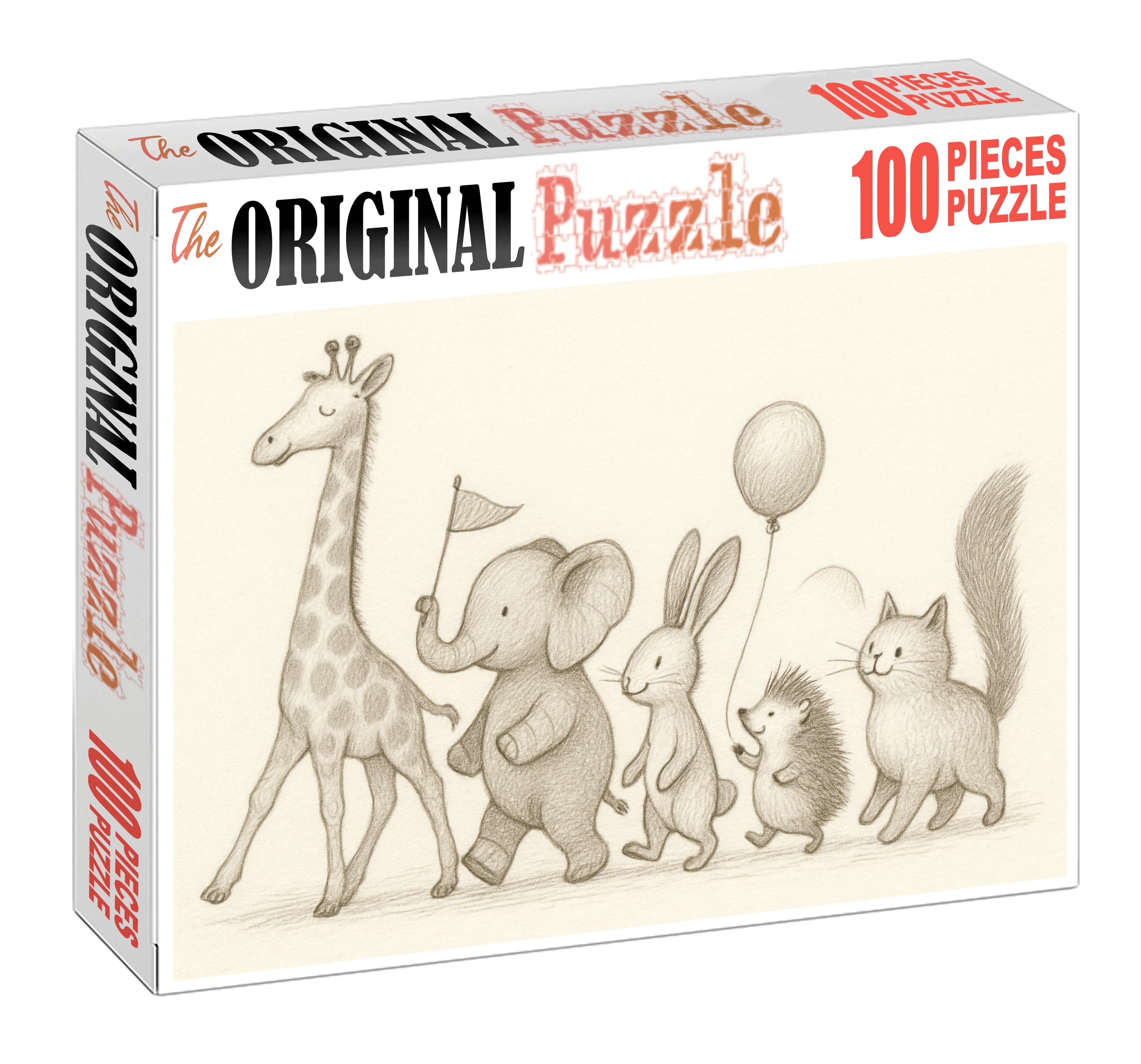 Whimsical Animal Parade Soft Pencil Sketches With Delicate Hatching Large Format Puzzle