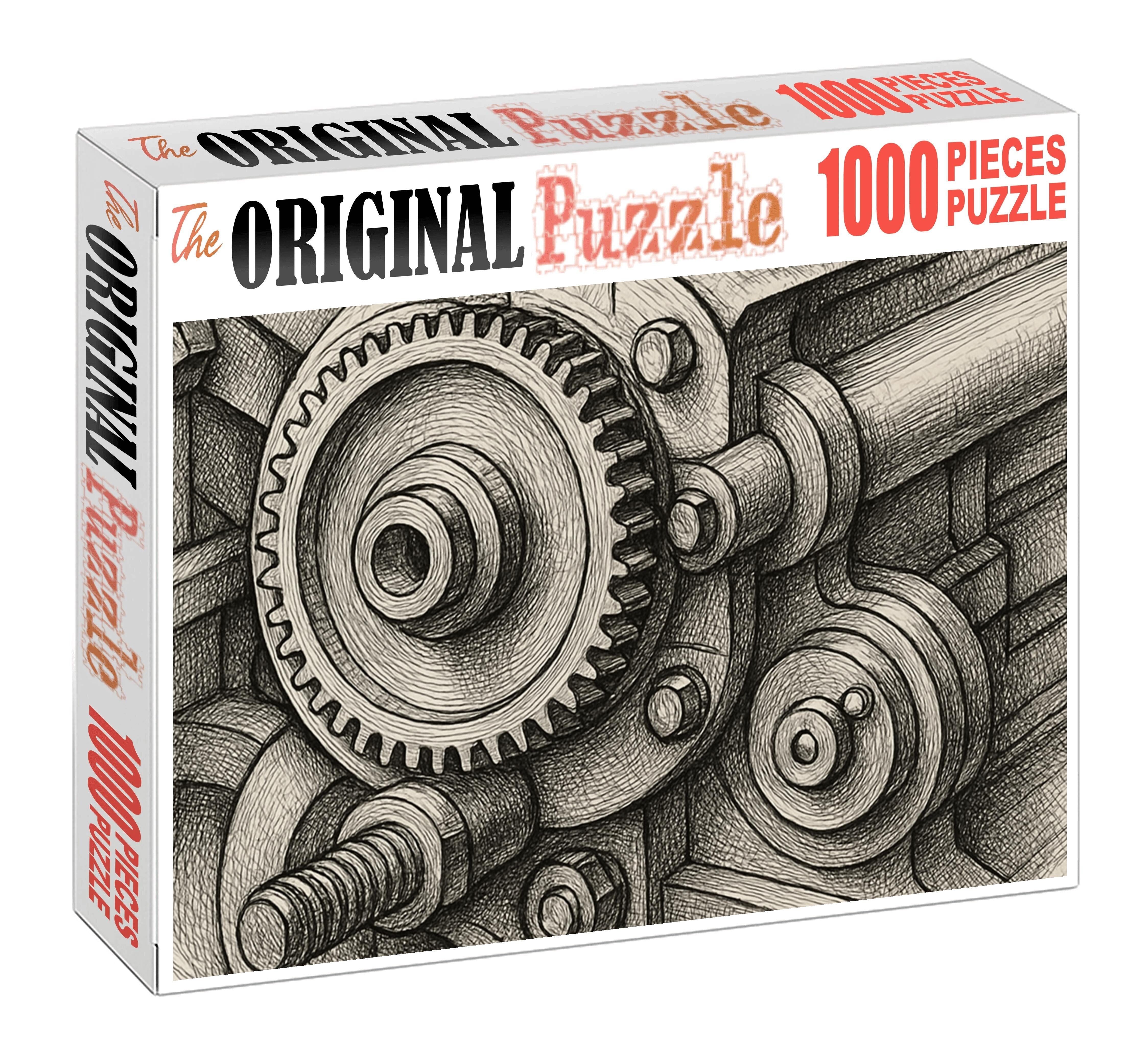 Industrial Machine Detail Precise Technical Pen Drawing With Crosshatch Large Format Puzzle