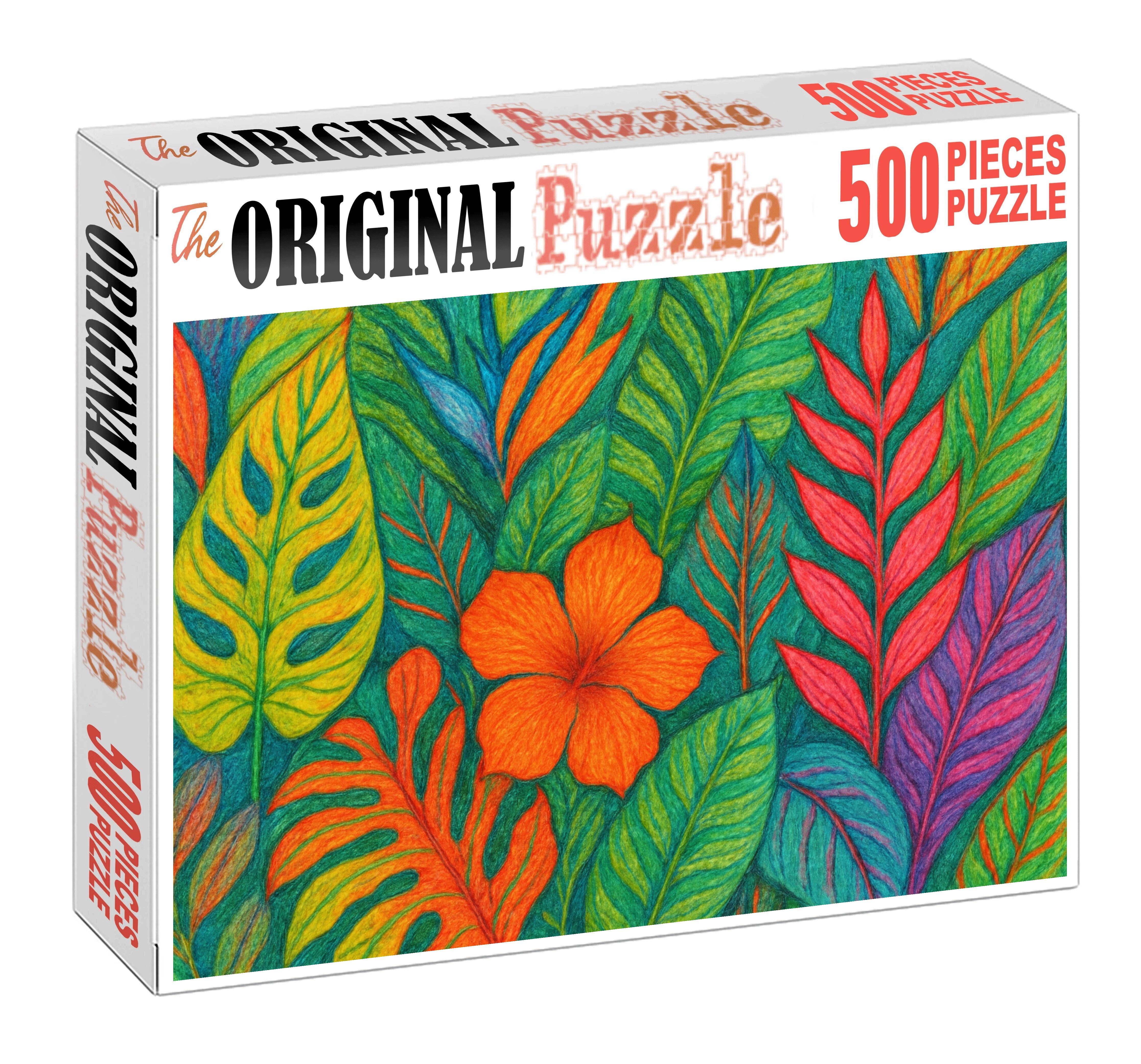 Vivid Tropical Flora Color Pencil Sketch Of Exotic Leaves And Flowers 20 Piece Puzzle