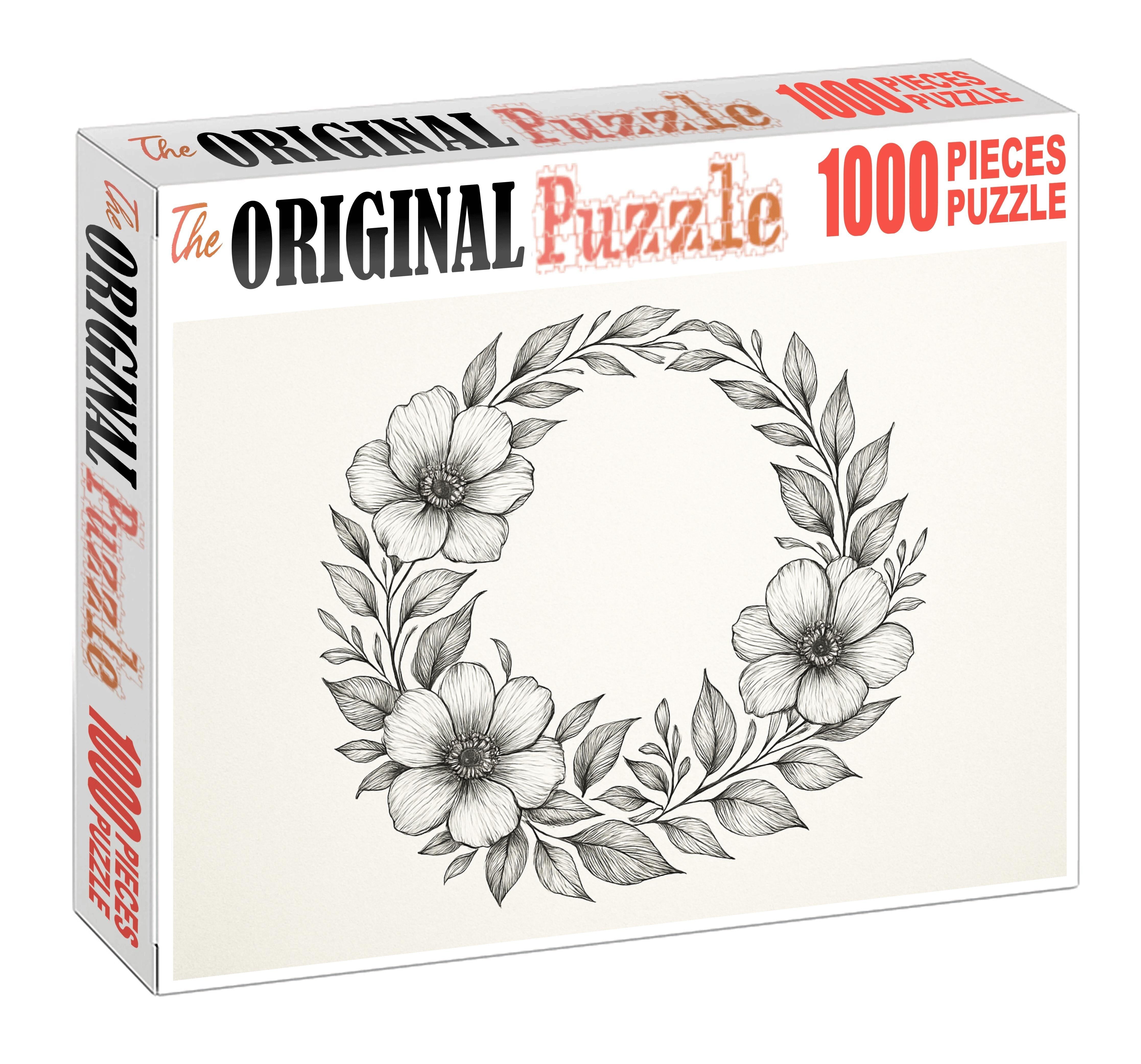 Delicate Floral Wreath Fine Ink Pen With Intricate Curvilinear Details Large Format Puzzle