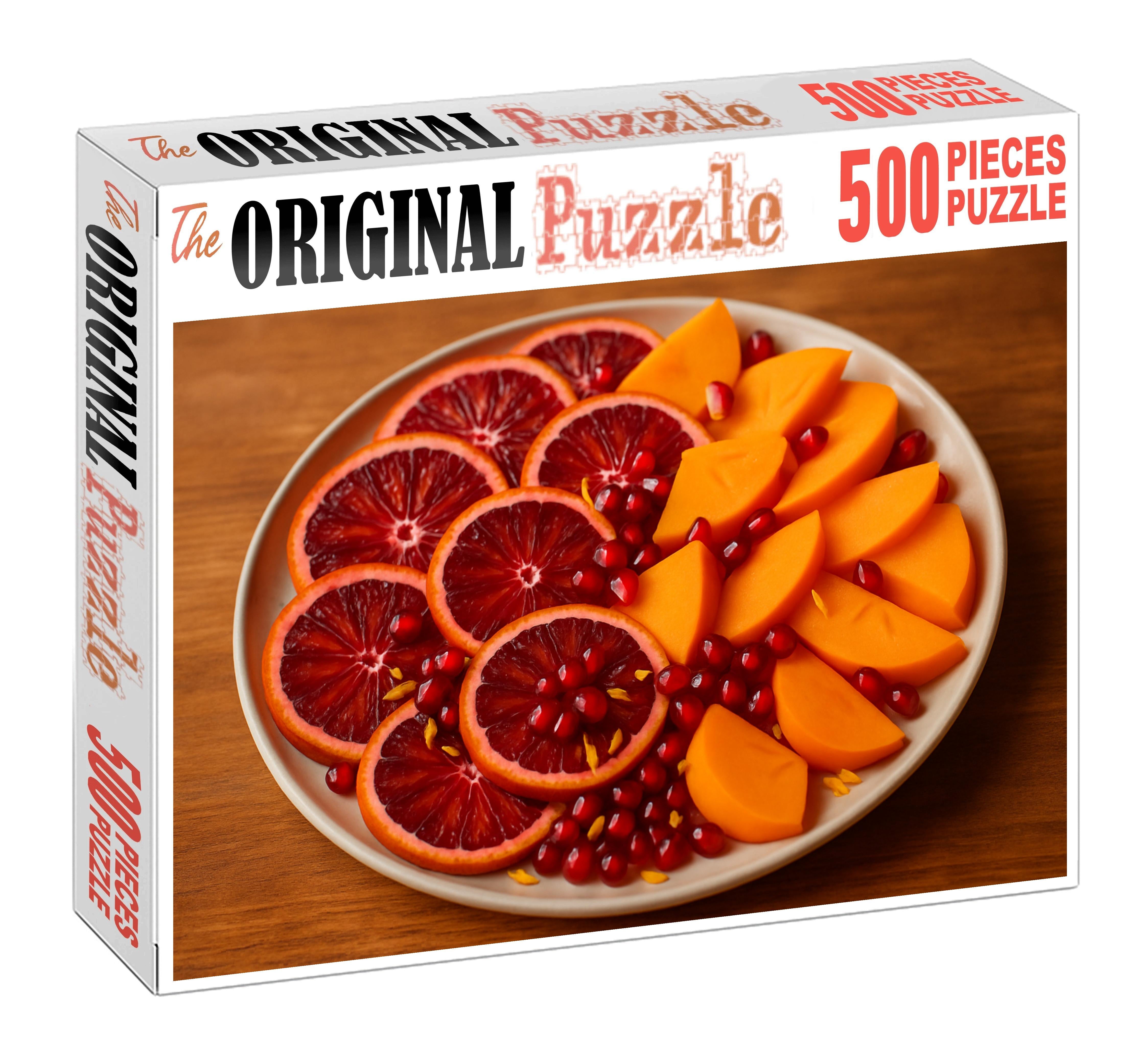 Sunset Orchard Layered Display Of Blood Oranges Pomegranates And Fuyu Persimmons Premium Puzzle Pieces