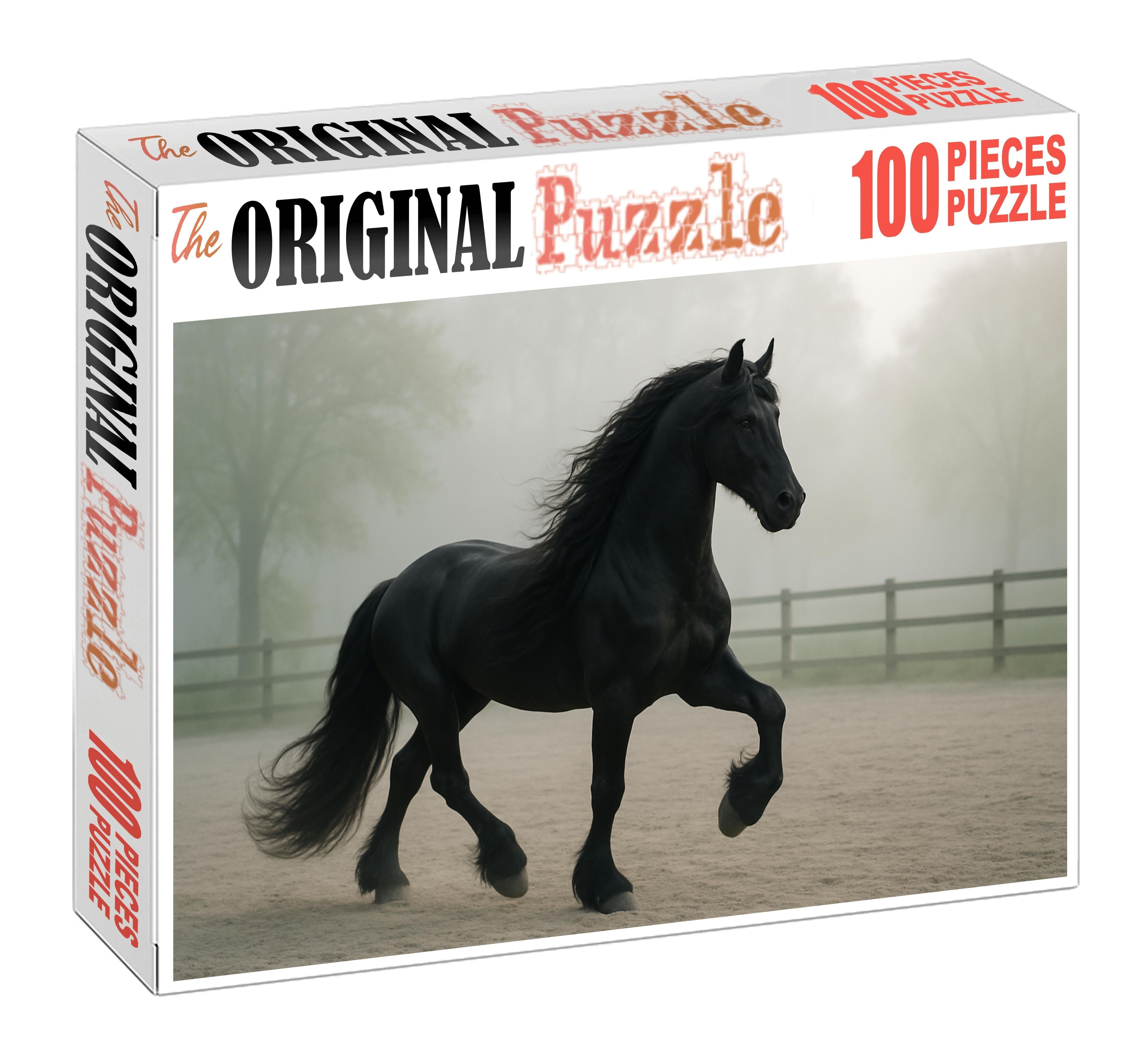Midnight Cascade Black Friesian Mare With Flowing Mane And Majestic Presence Mini Puzzle