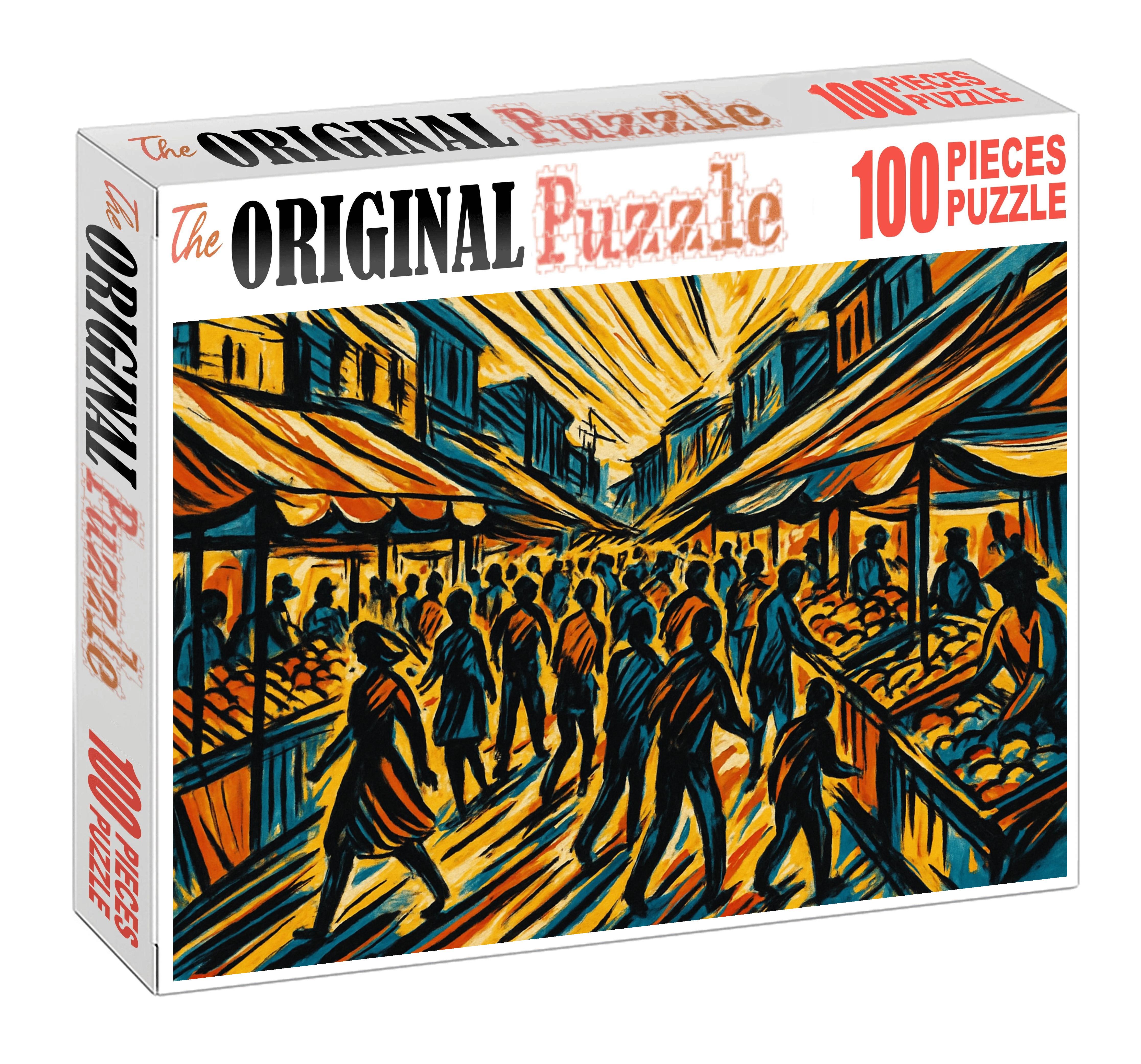 Dynamic Market Street Scene Expressive Ink Sketch With Bold Contours Large Format Puzzle