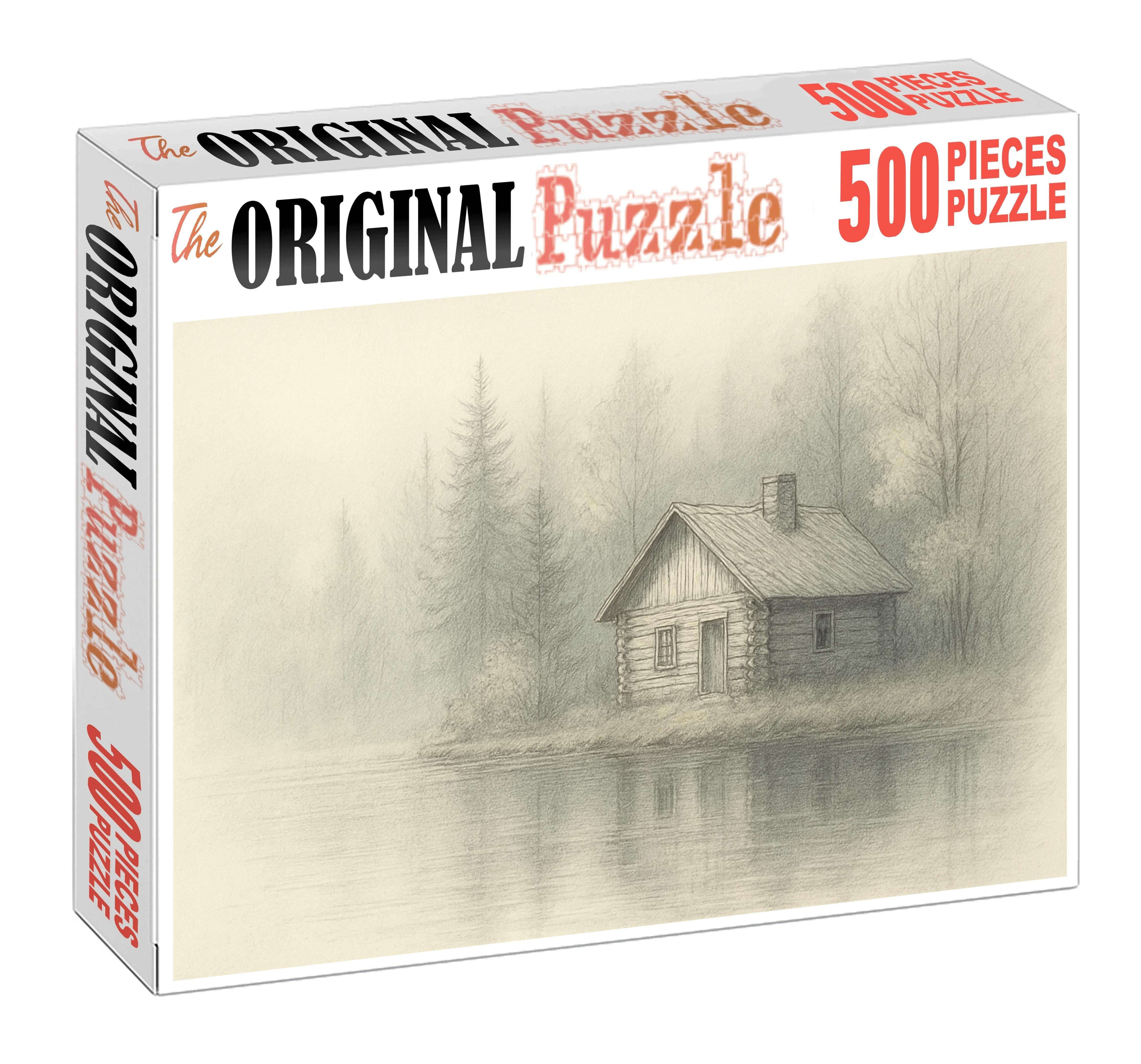 Serene Lakeside Cabin Rendering Watercolor Pencil With Light Pen Detail Large Format Puzzle