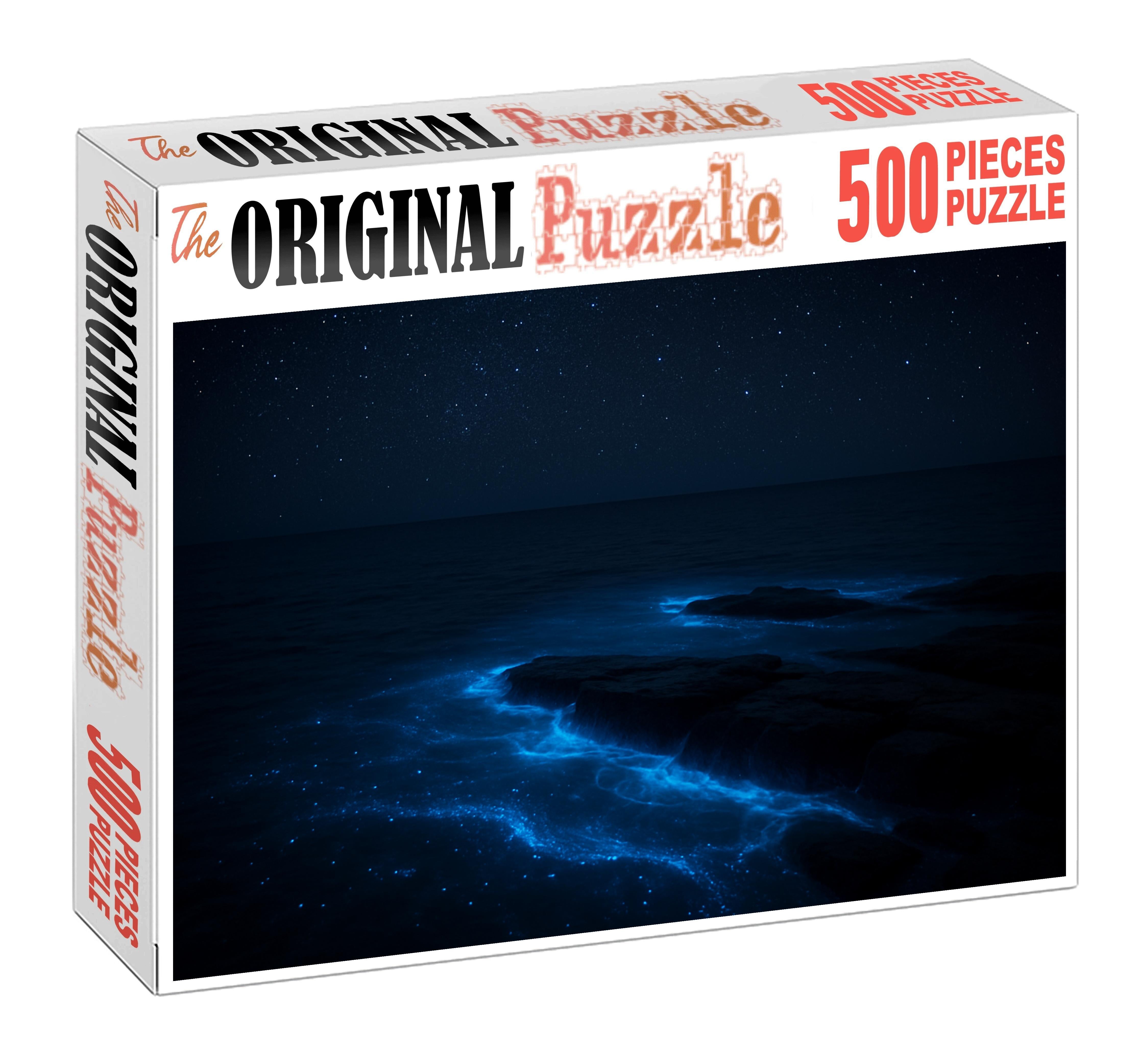 Celestial Bioluminescent Shelf Glowing Blue Waves On A Calm Night Challenging Puzzles