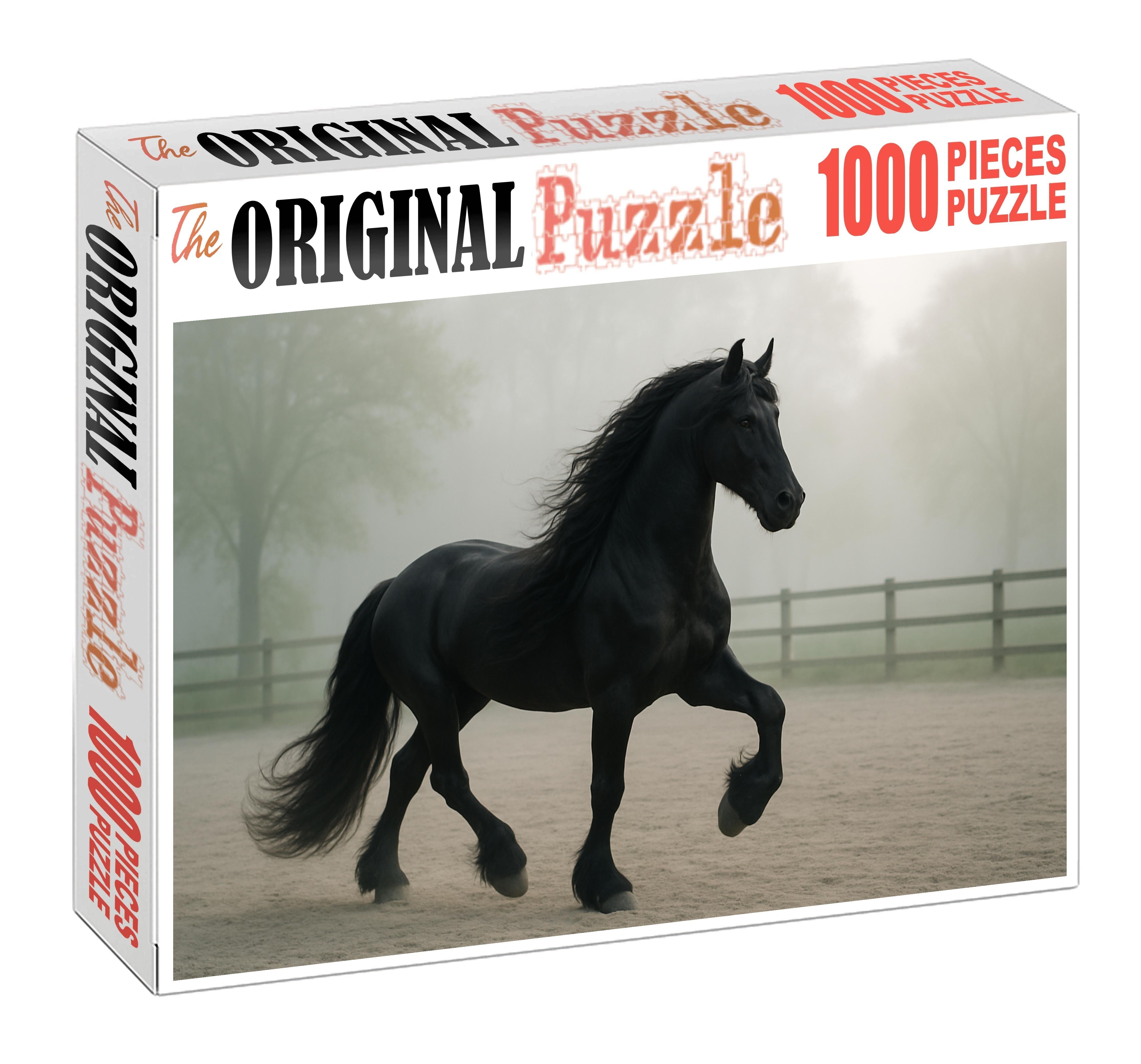 Midnight Cascade Black Friesian Mare With Flowing Mane And Majestic Presence Mini Puzzle