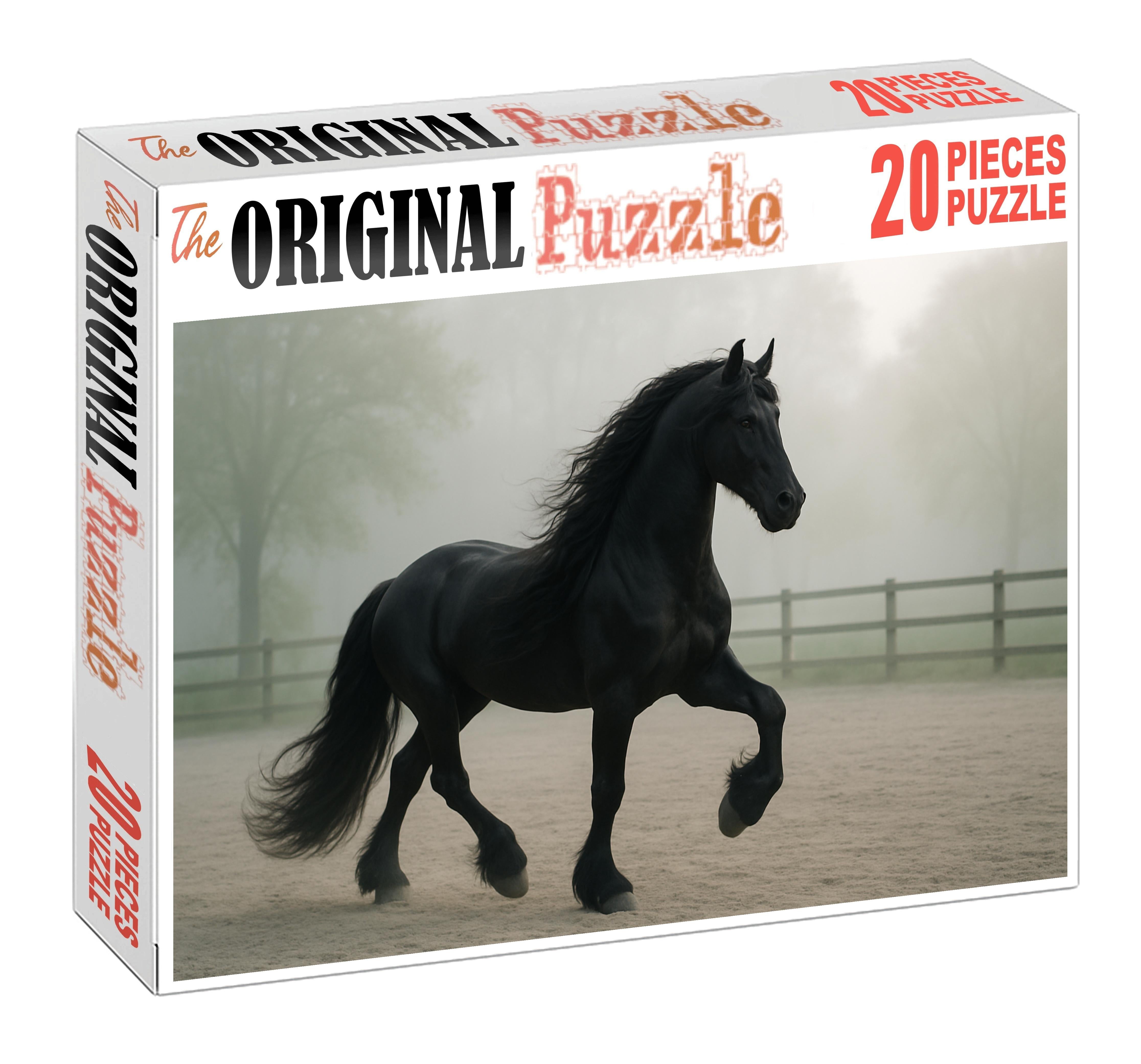 Midnight Cascade Black Friesian Mare With Flowing Mane And Majestic Presence Mini Puzzle