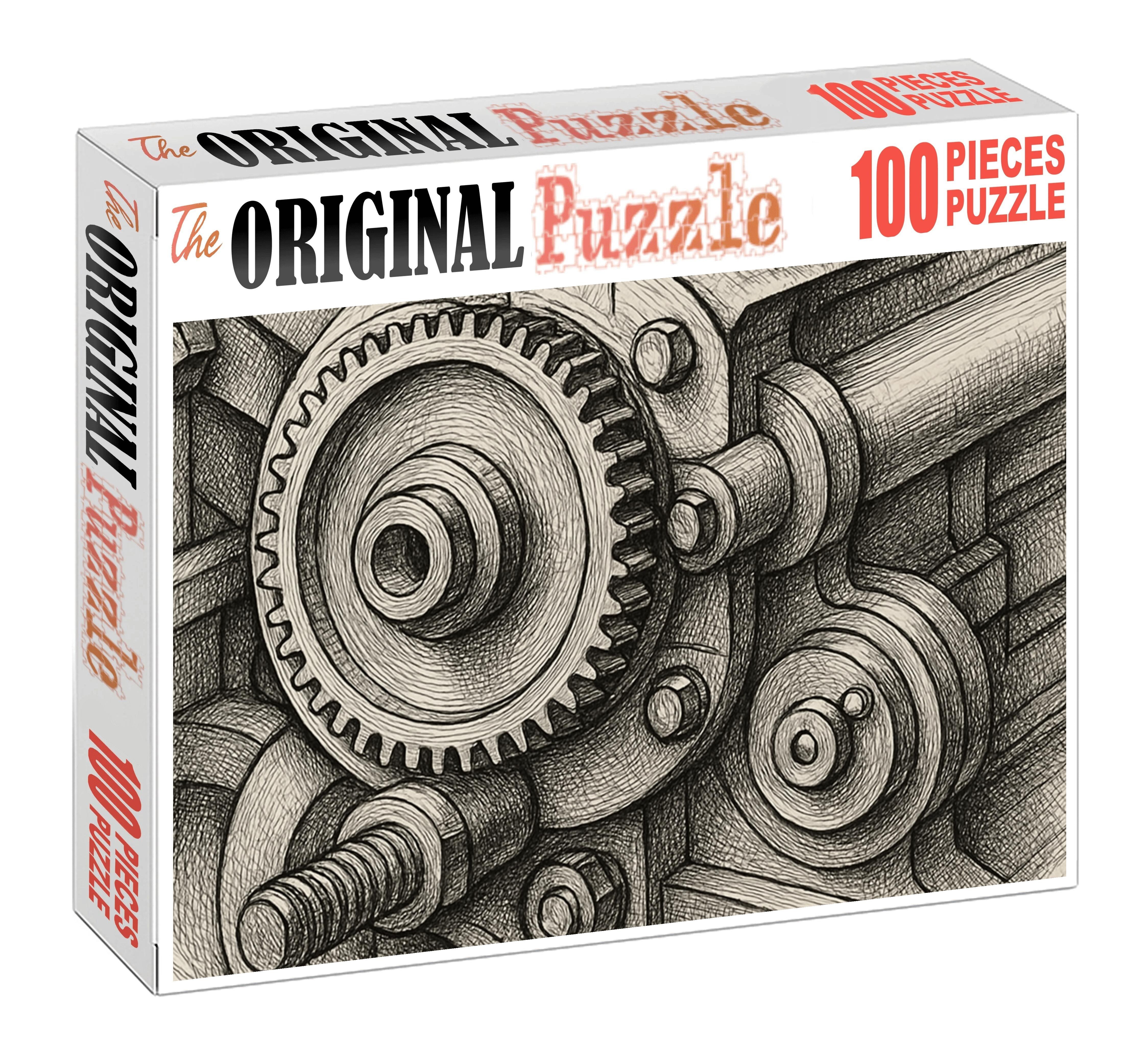 Industrial Machine Detail Precise Technical Pen Drawing With Crosshatch Large Format Puzzle