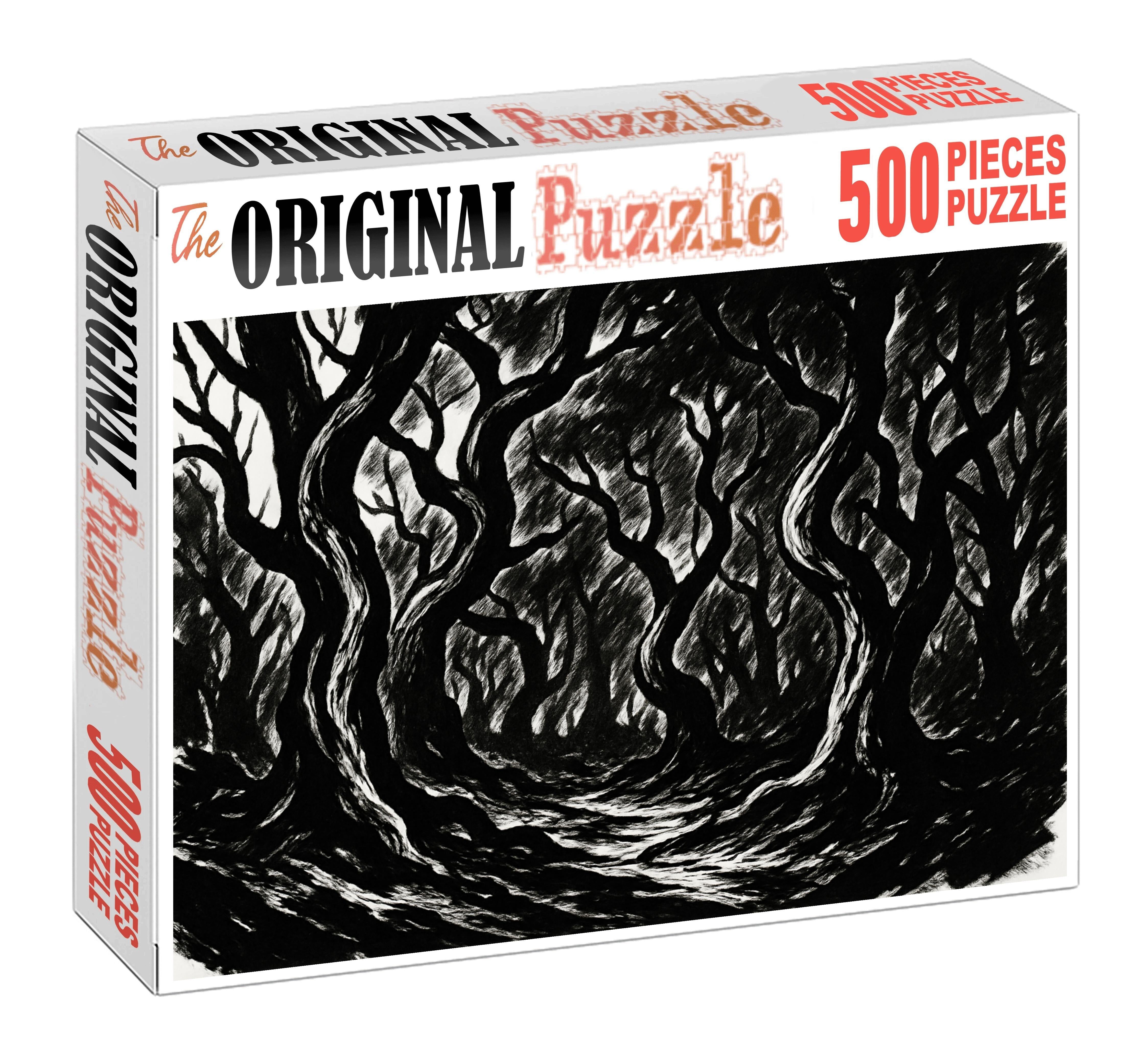 Mythical Forest Scene Dynamic Brush Pen Lines With Stylized Tree Forms Puzzle For Kids