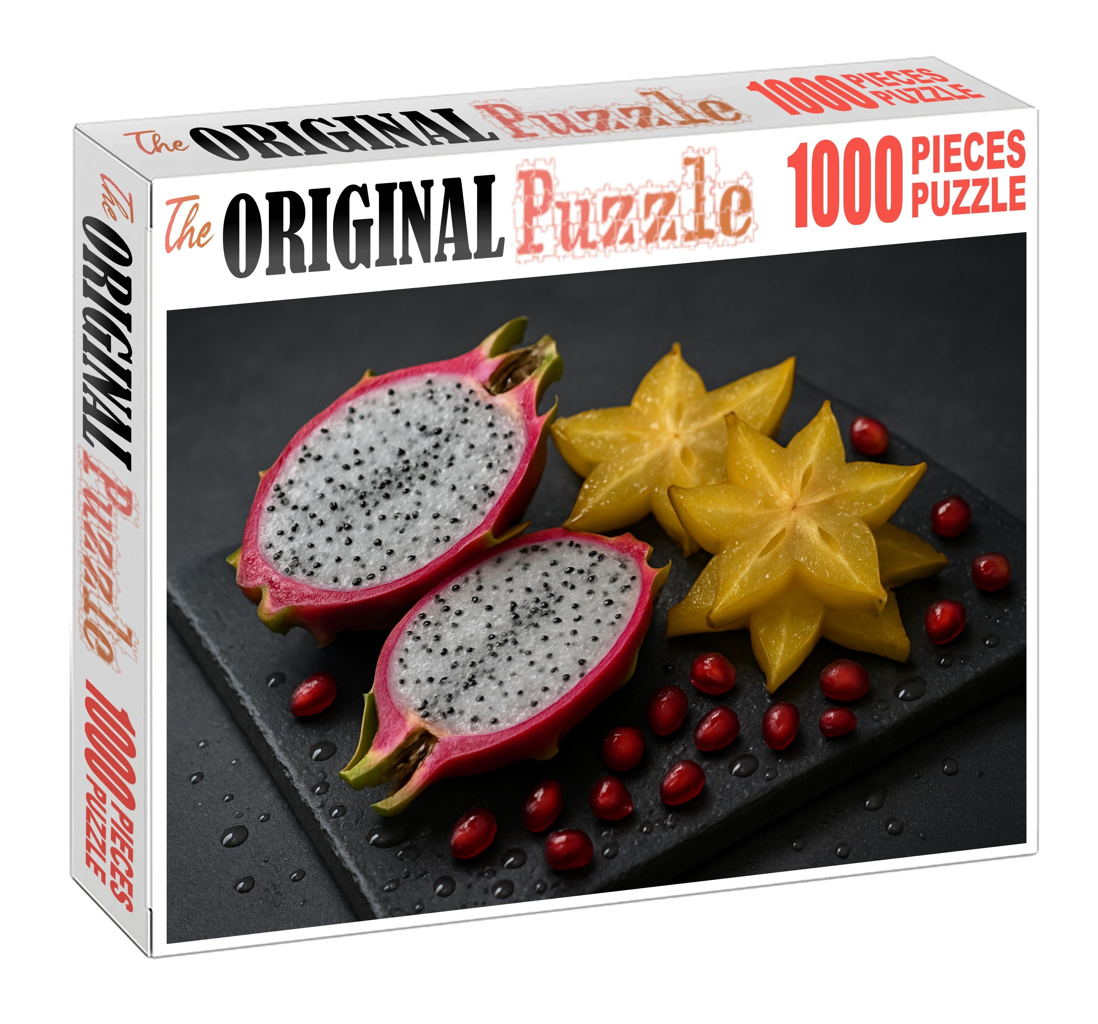 Exotic Fruit Fusion Dragon Fruit Starfruit And Pomegranate On Slate Board Premium Puzzle Pieces