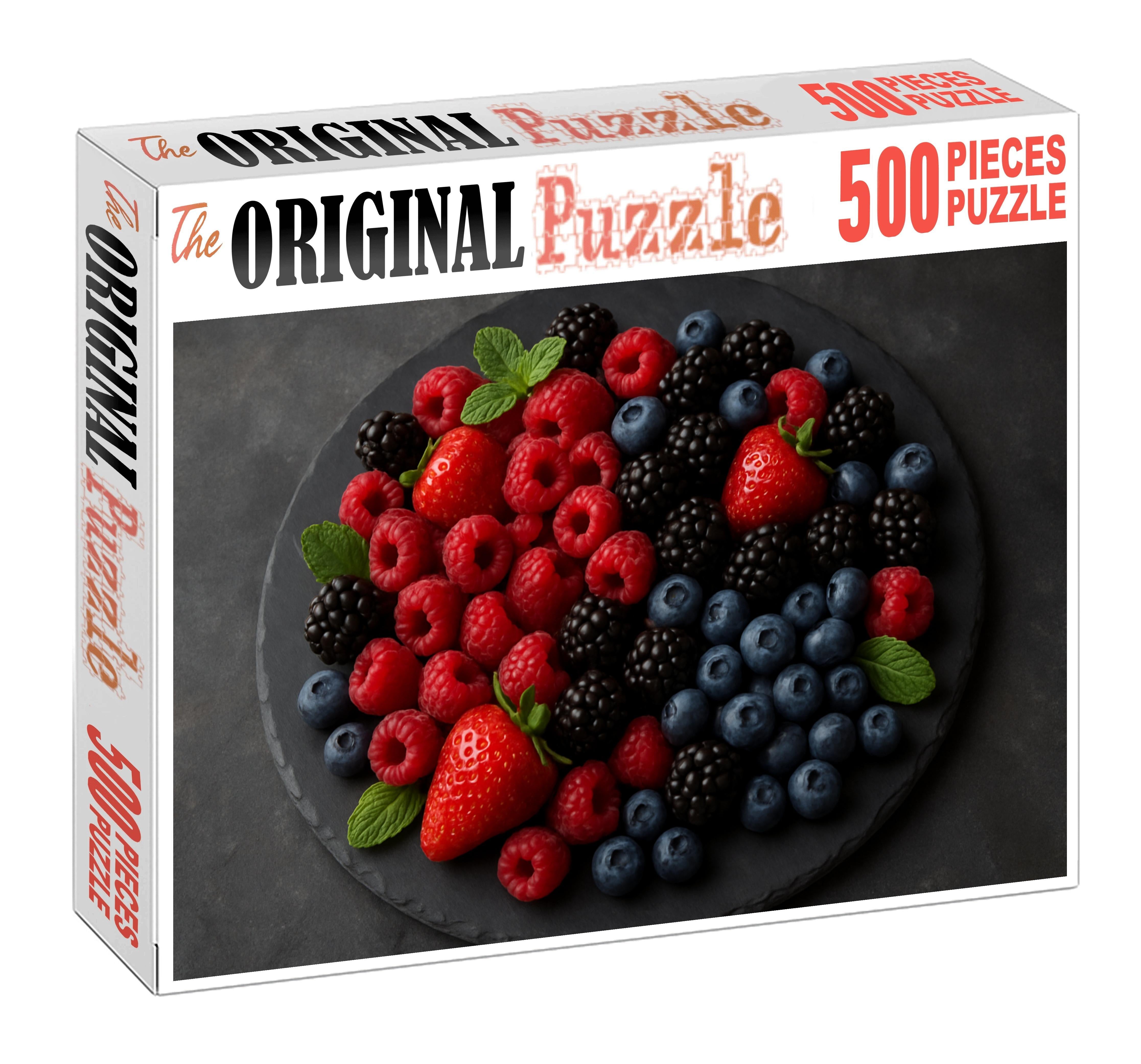 Vibrant Berry Cascade Mixed Red And Blue Berries Over A Slate Platter 20 Piece Puzzle