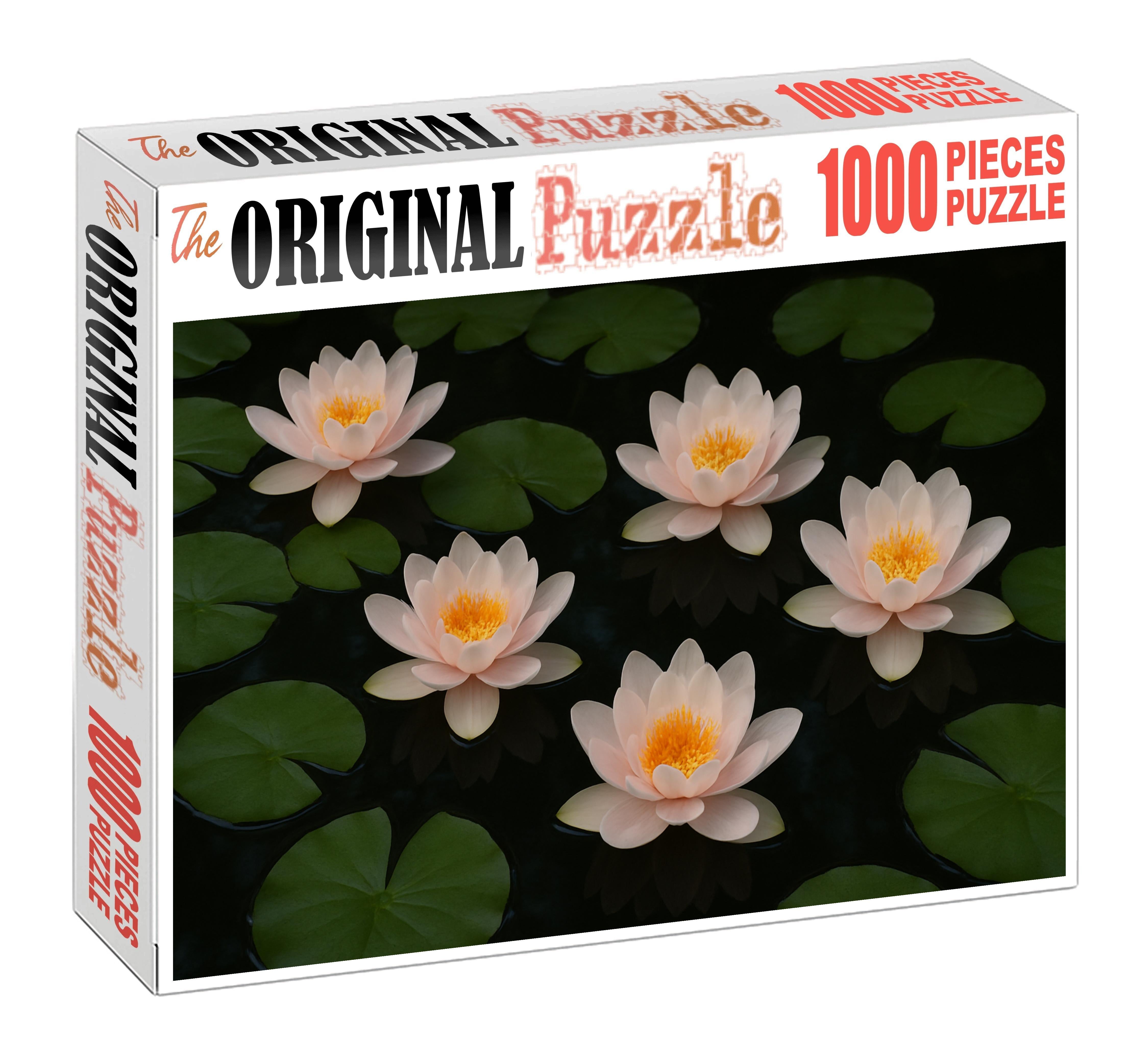 Serene Lotus Pond Display Pale Pink And White Bloom Clusters Floating On Reflective Water Puzzle For Kids