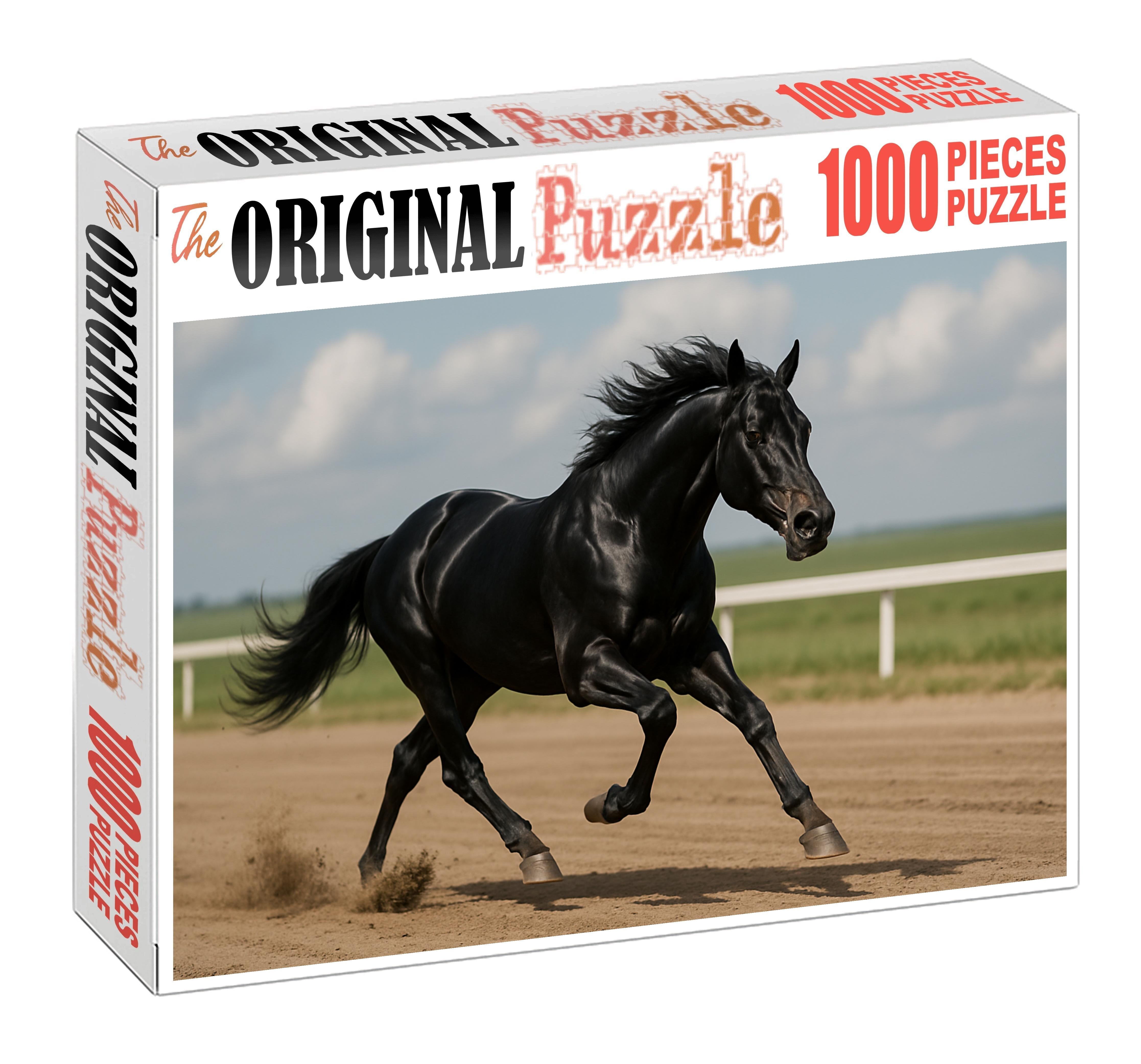 Steel Midnight Racer Sleek Black Thoroughbred With Sharpened Focus Custom Jigsaw Puzzle