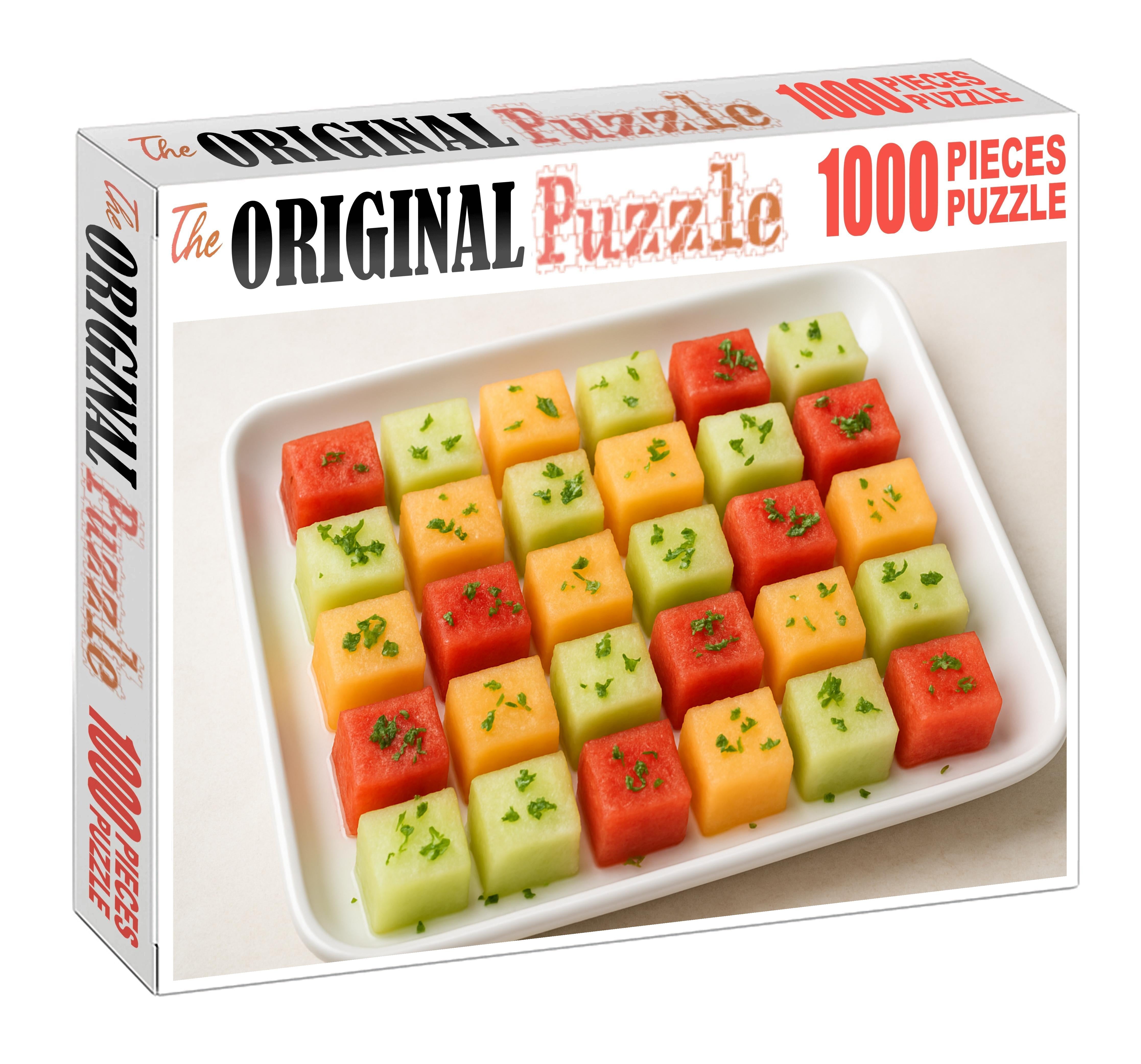 Melon Mosaic Cubed Watermelon Cantaloupe And Honeydew In Geometric Patterns Premium Puzzle Pieces