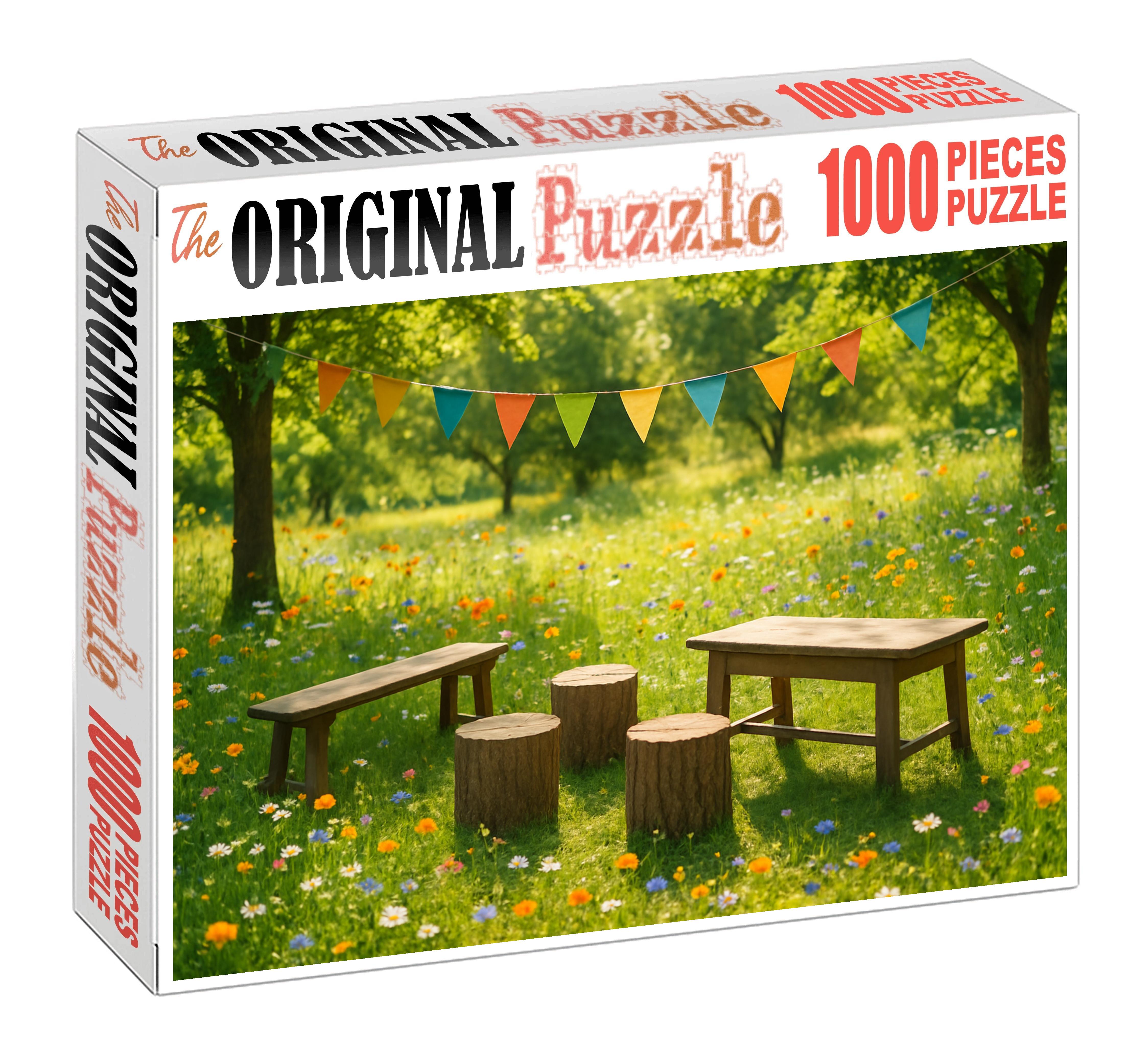 Vibrant Spring Meadow Gathering Wildflowers And Colorful Bunting 100 Piece Puzzle