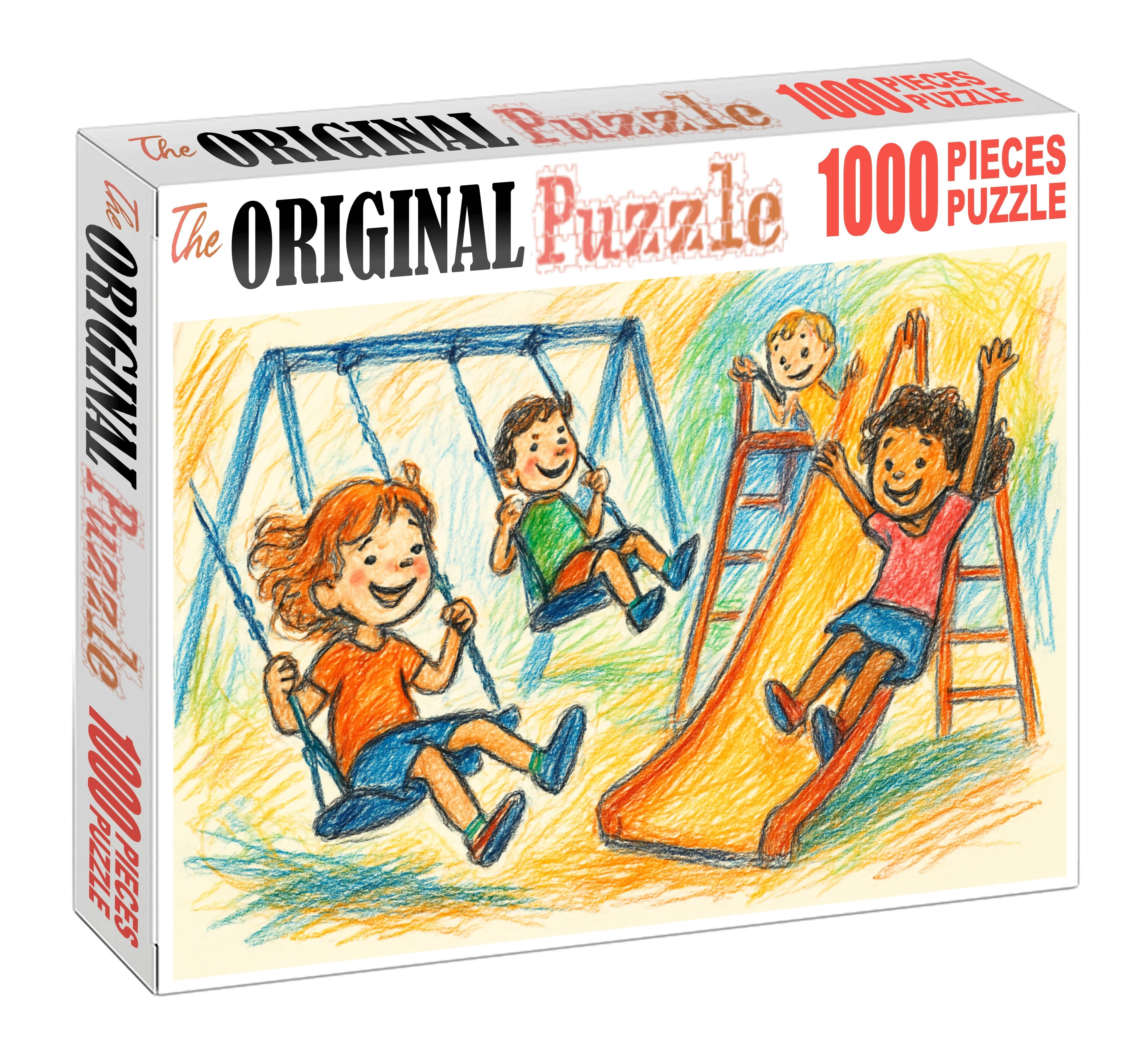 Childhood Playground Vignette Expressive Colored Pencil Sketch With Loose Lines Large Format Puzzle