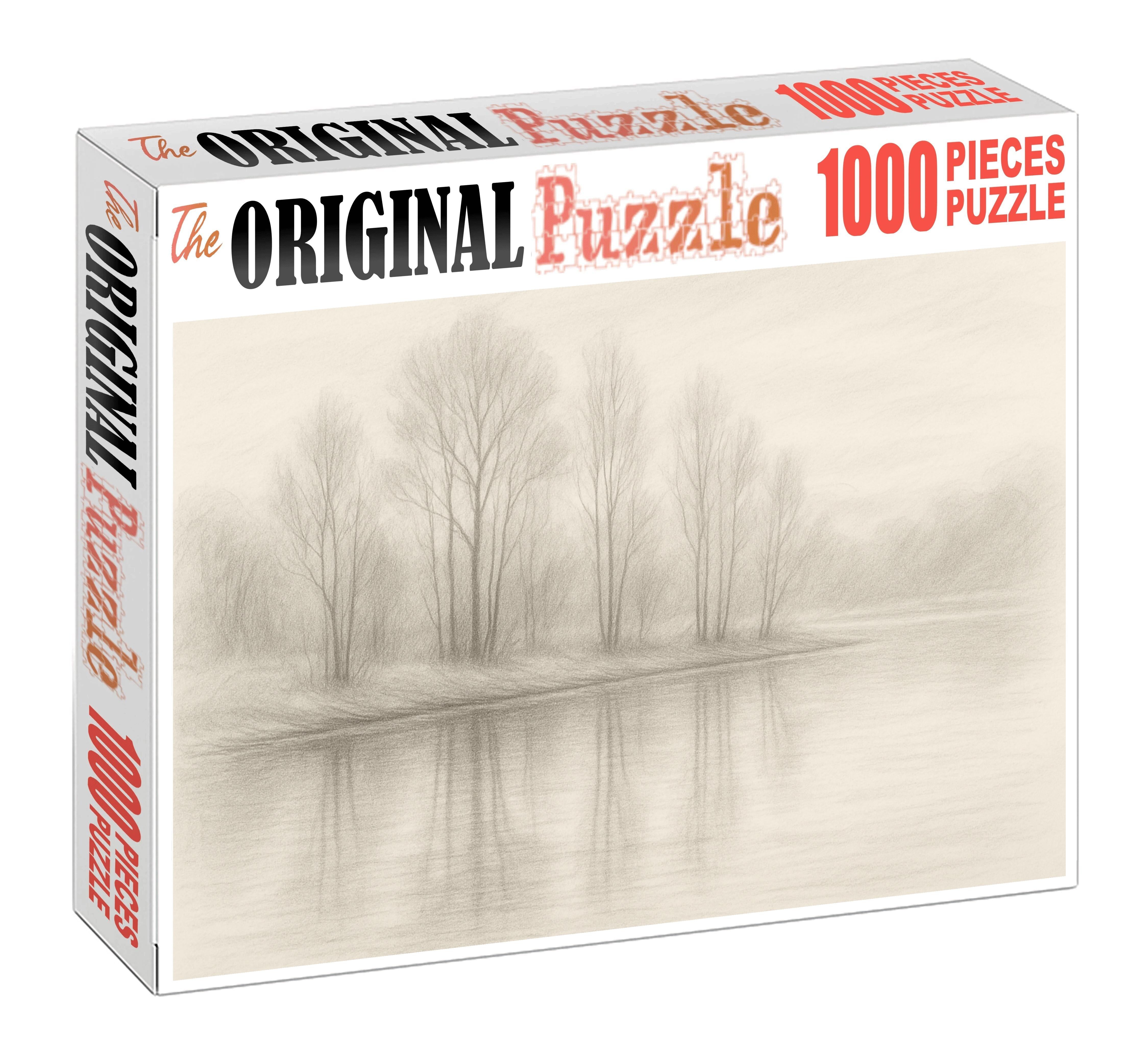 Serene Lakeside Reflections Soft Pencil Sketch Of Water And Trees Large Format Puzzle