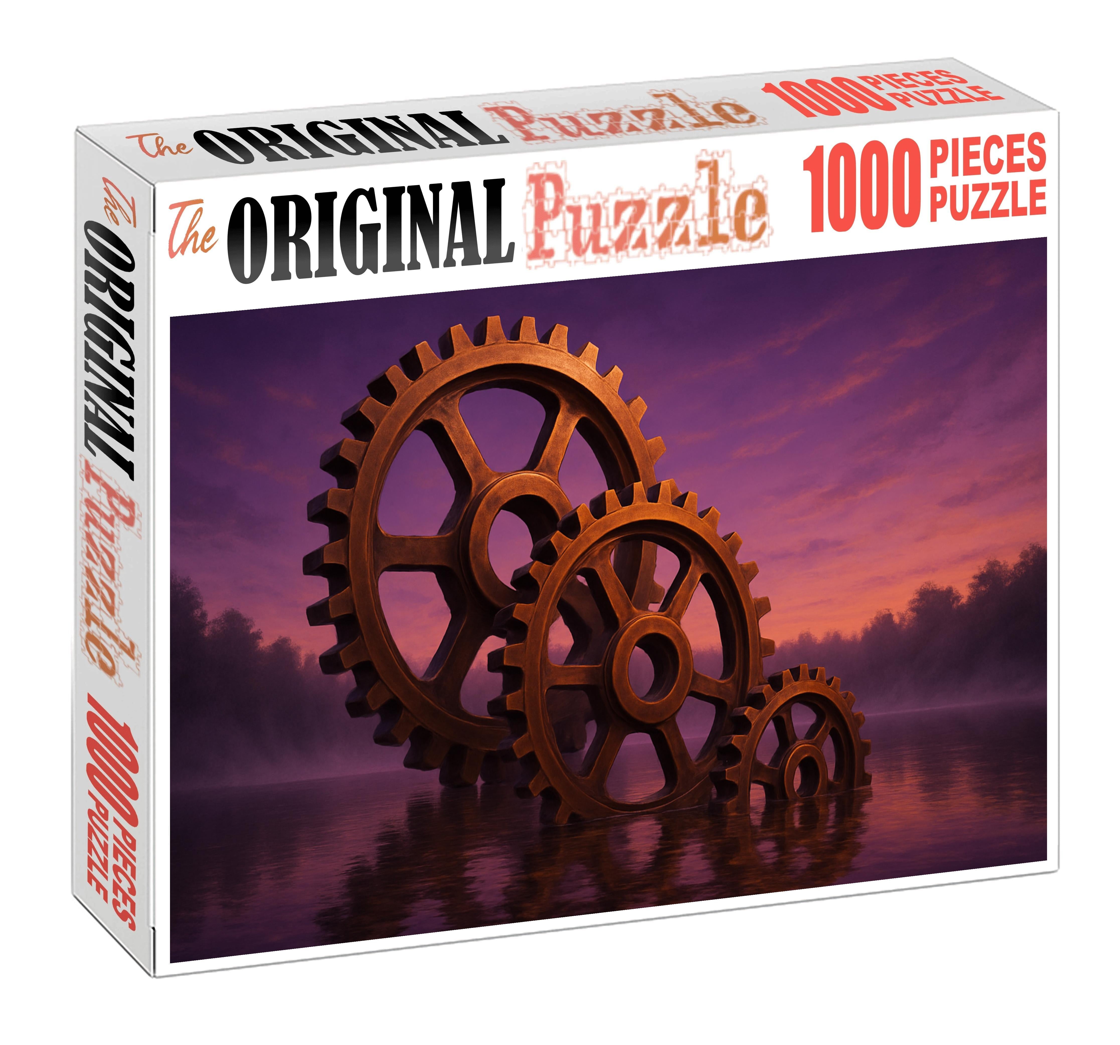 Clockwork Serenade Giant Gears Embracing A Twilight Lake Unique Puzzle Design