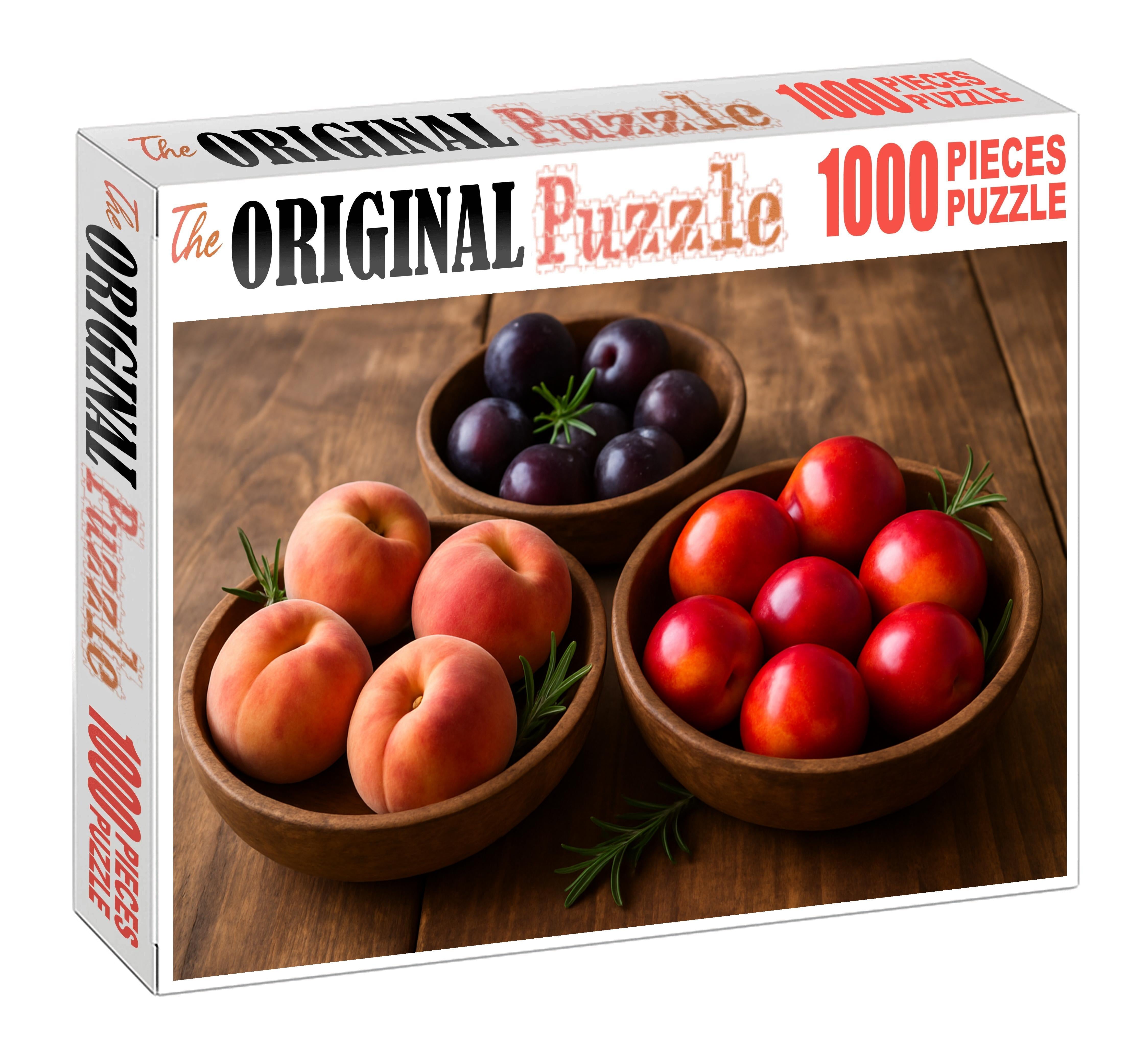 Stone Fruit Serenade Peaches Nectarines And Plums In Rustic Wooden Bowls Premium Puzzle Pieces