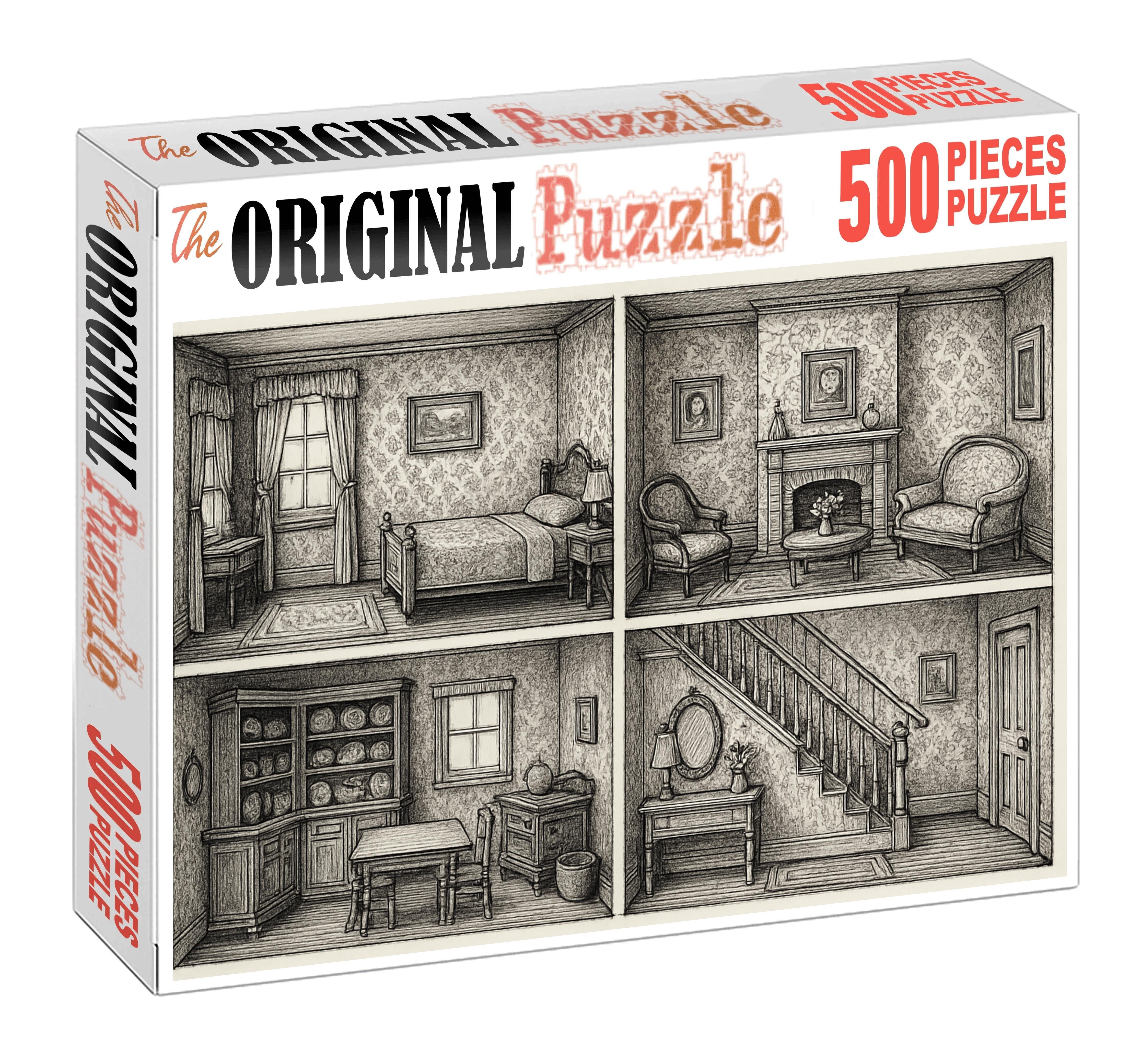 Victorian Dollhouse Interior Pen And Ink Architectural Sketch With Ornate Detail Puzzle Collection