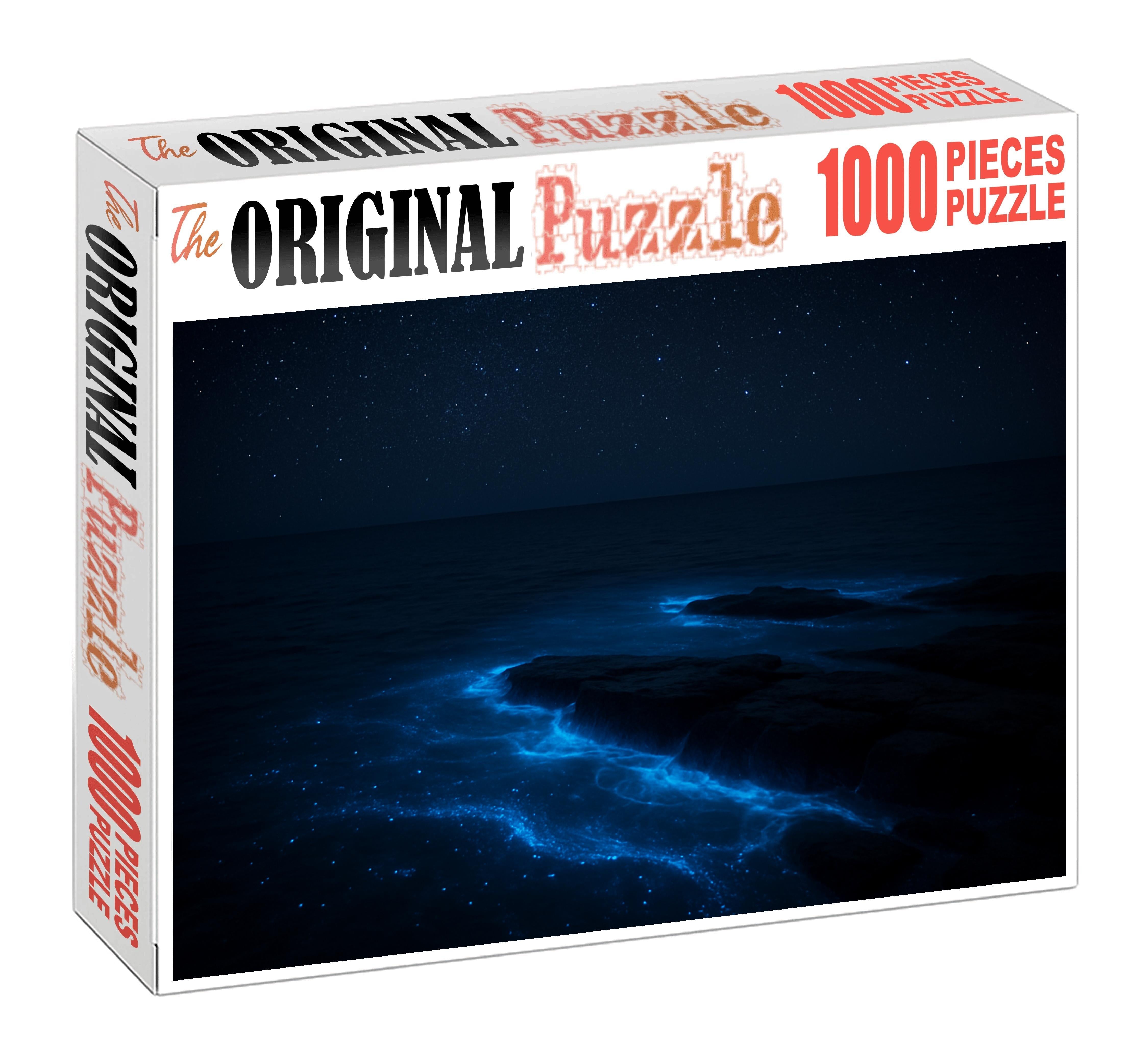 Celestial Bioluminescent Shelf Glowing Blue Waves On A Calm Night Challenging Puzzles