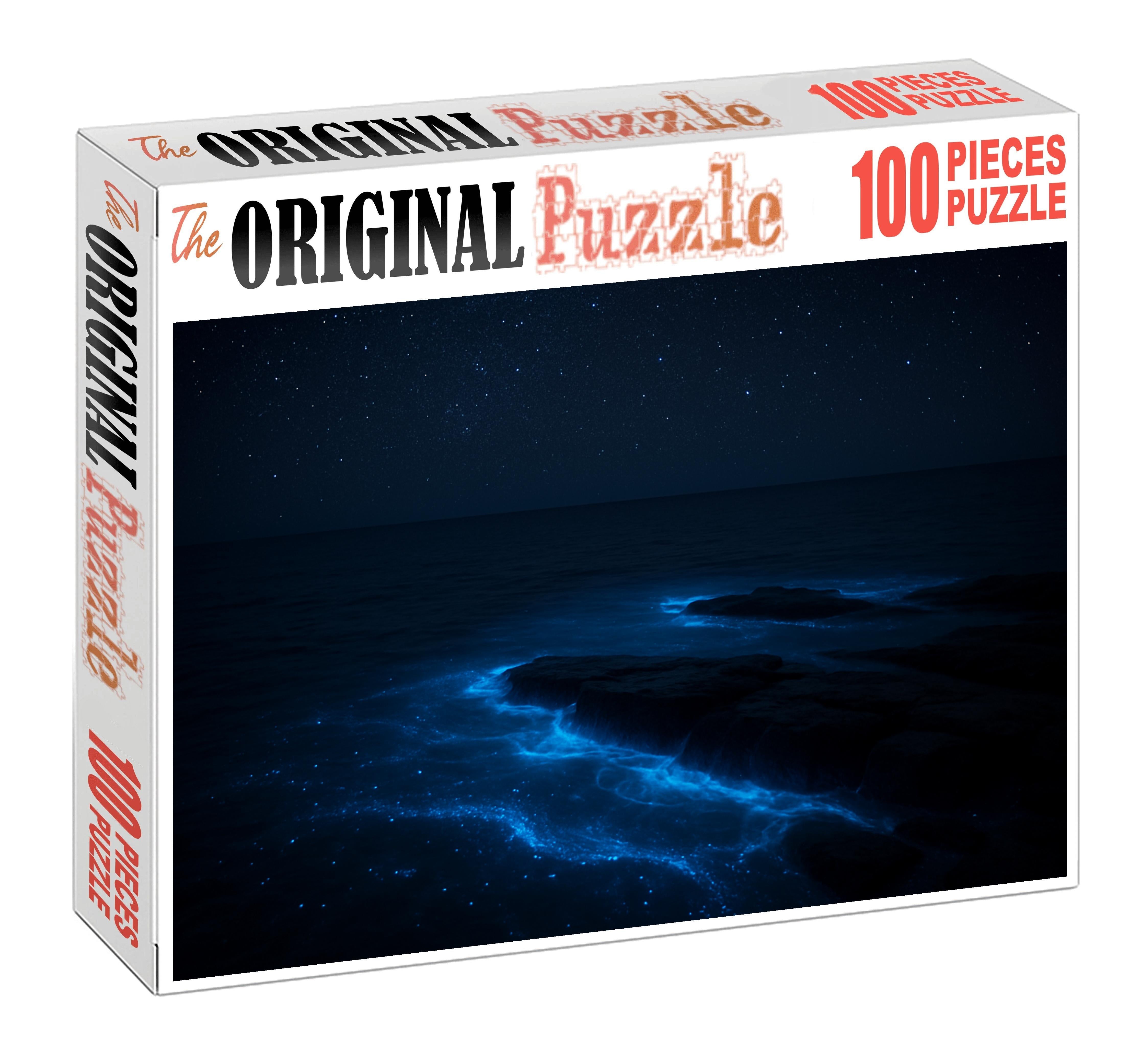 Celestial Bioluminescent Shelf Glowing Blue Waves On A Calm Night Challenging Puzzles