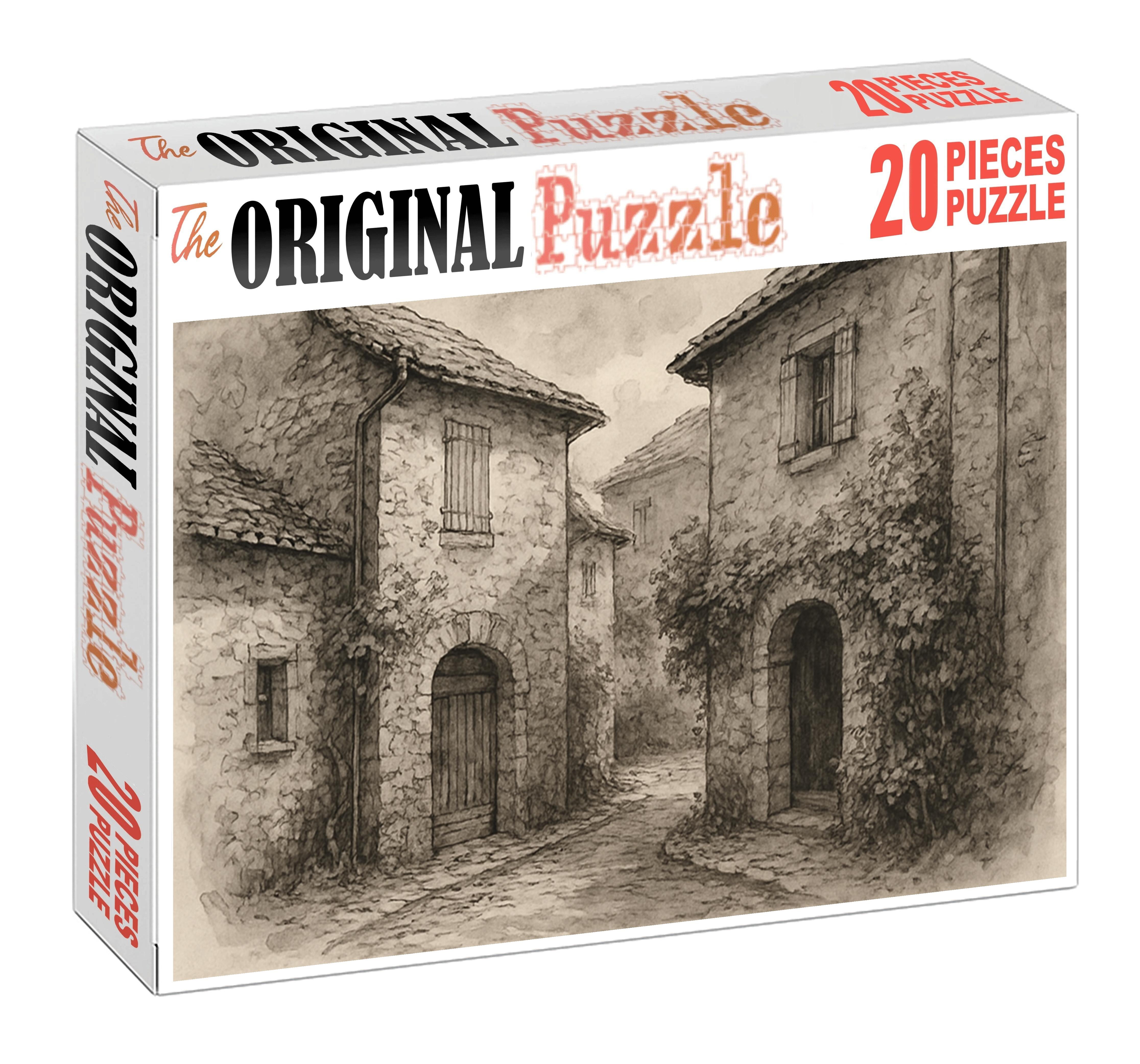 Rustic Village Scene Ink Pen And Wash Drawing With Textured Architectural Detail Mini Puzzle