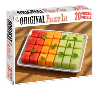Sunset Melon Medley Watermelon Cantaloupe And Honeydew Cubes With Mint Premium Puzzle Pieces